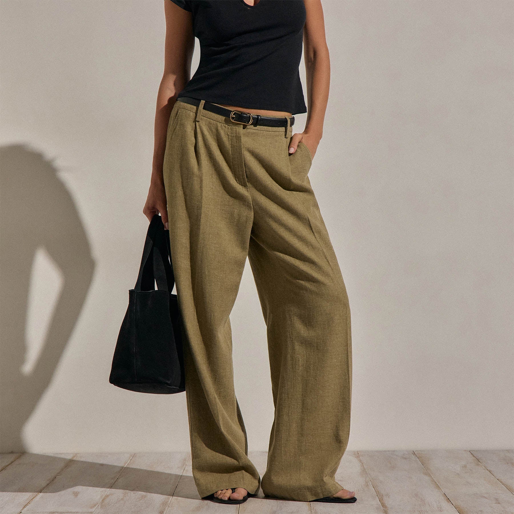 Linen Twill Pleated Wide Leg Trouser - Fleck Green