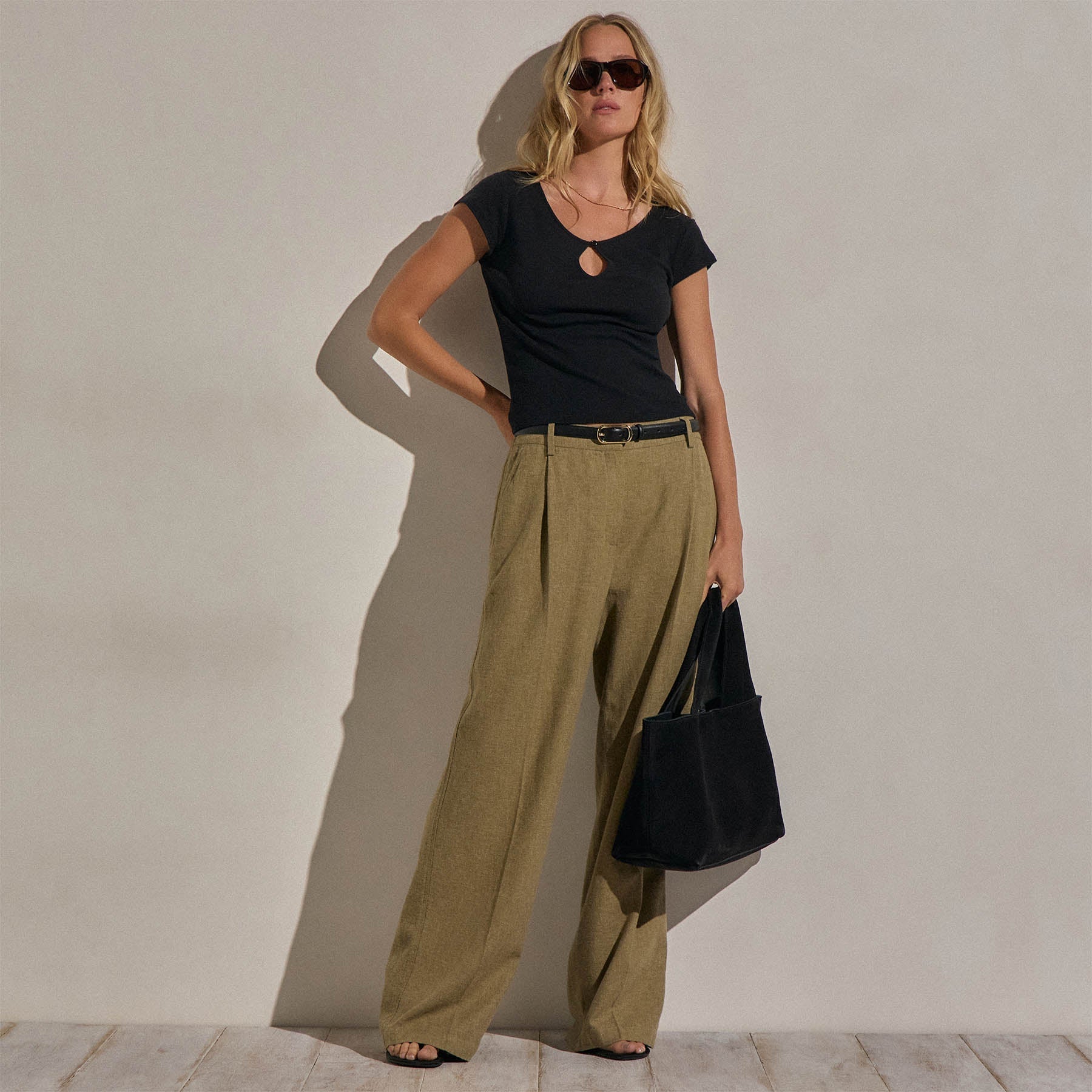 Linen Twill Pleated Wide Leg Trouser - Fleck Green