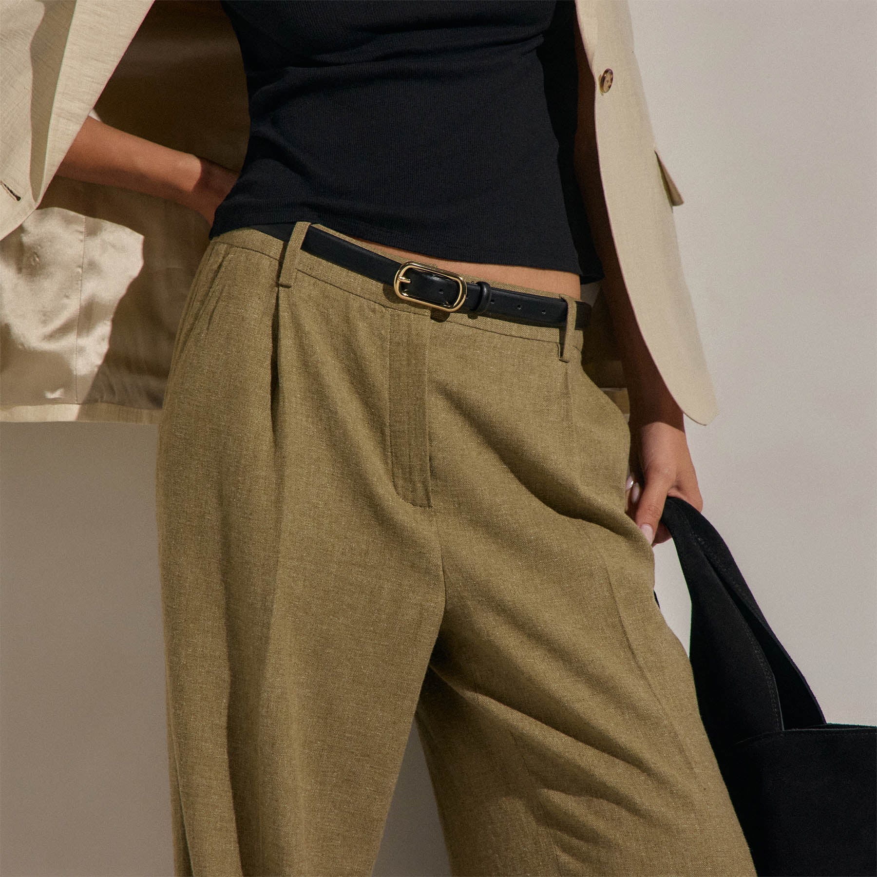 Linen Twill Pleated Wide Leg Trouser - Fleck Green