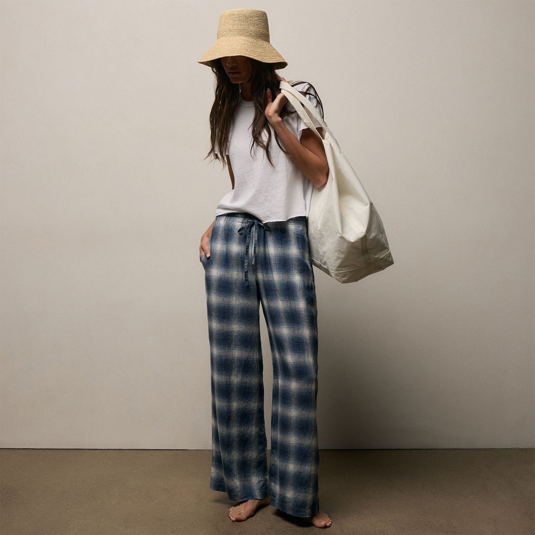 Plaid Linen Beach Pant - Blue Plaid