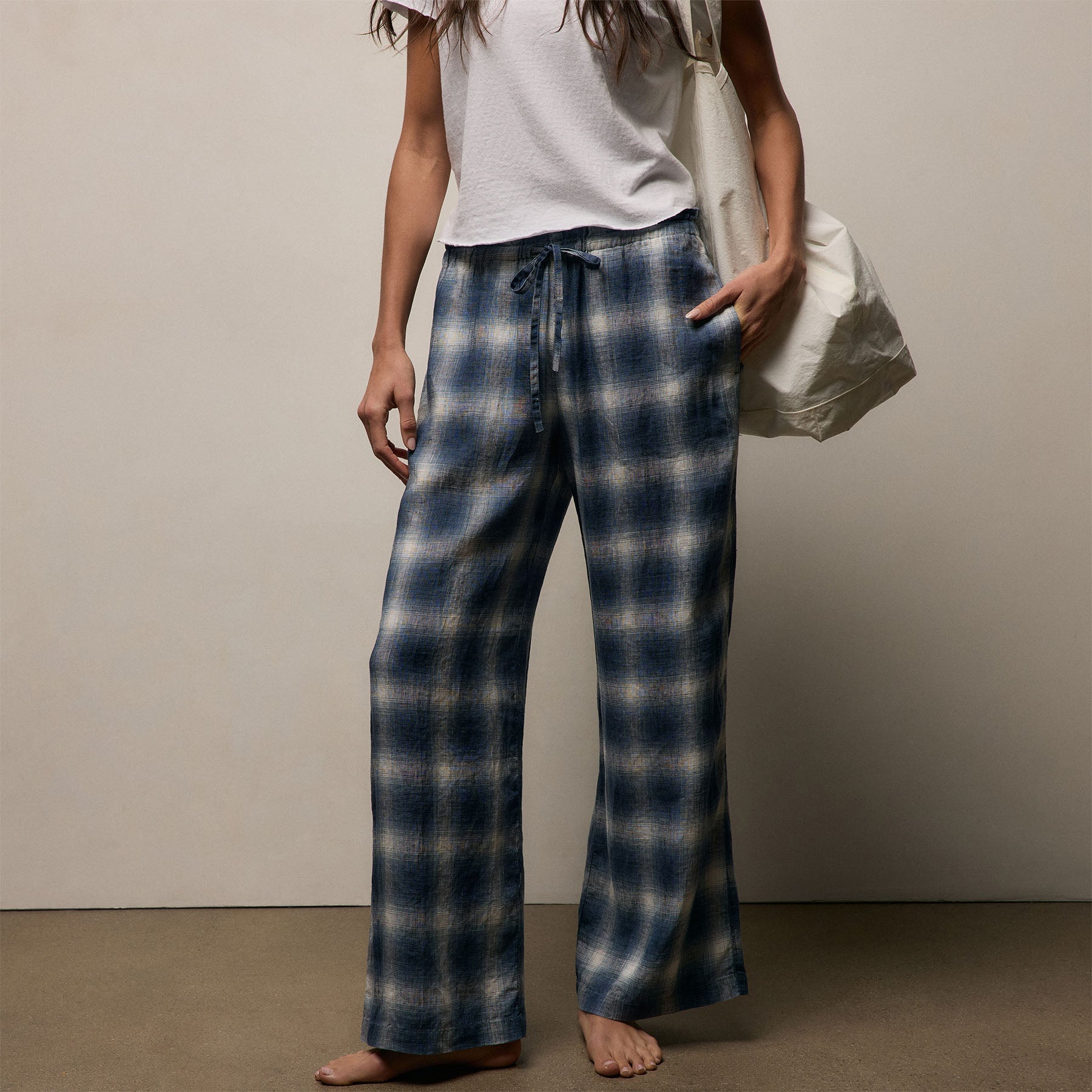 Plaid Linen Beach Pant - Blue Plaid