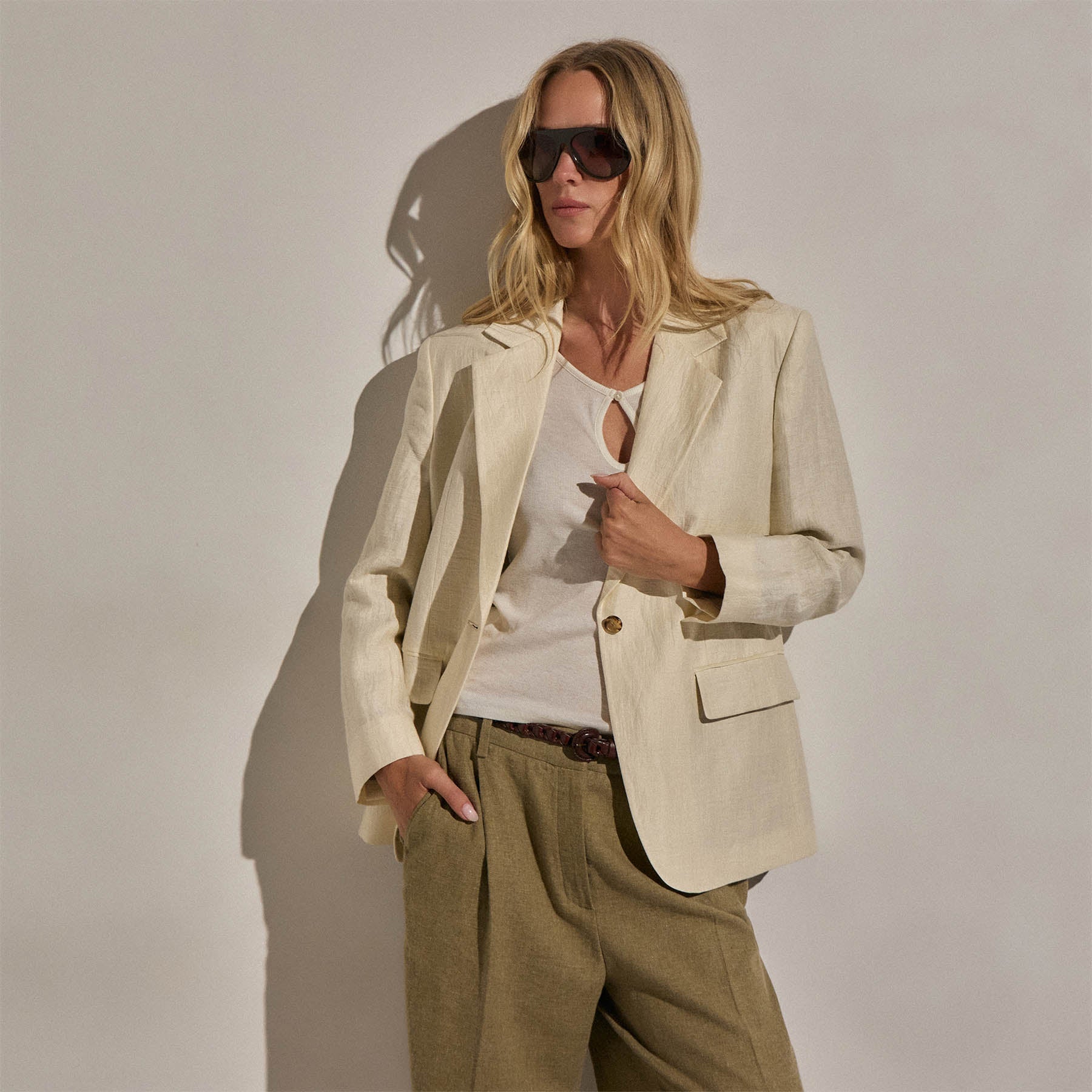 Crinkle Linen Relaxed Blazer - Ecru