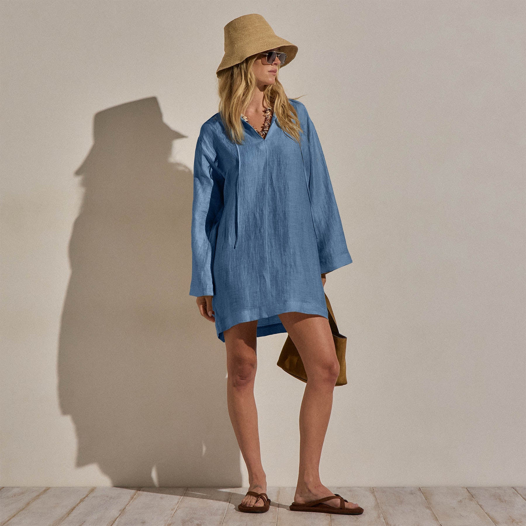 Textured Linen Tie Front Tunic Dress - Blue Hyacinth