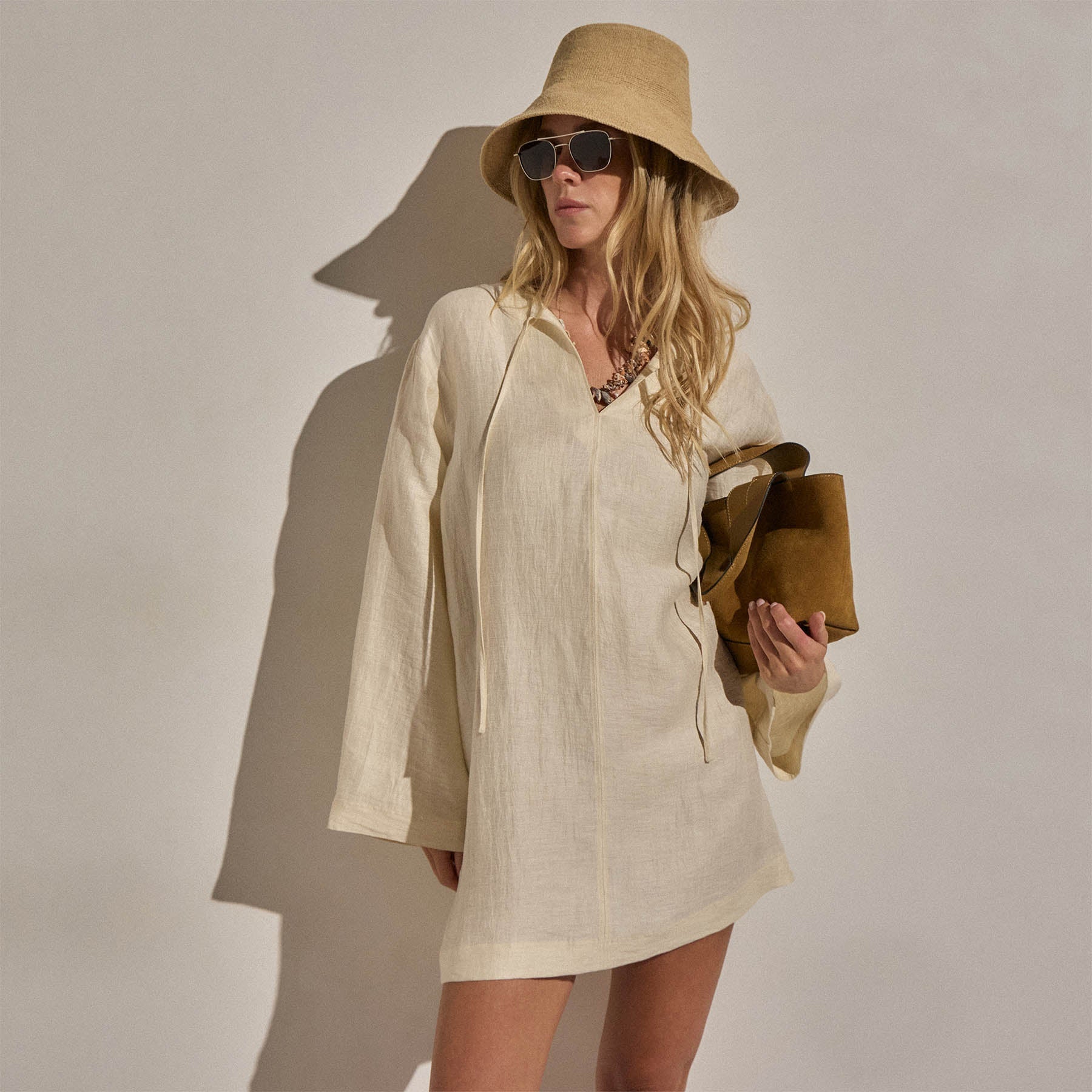 Textured Linen Tie Front Tunic Dress - Ecru