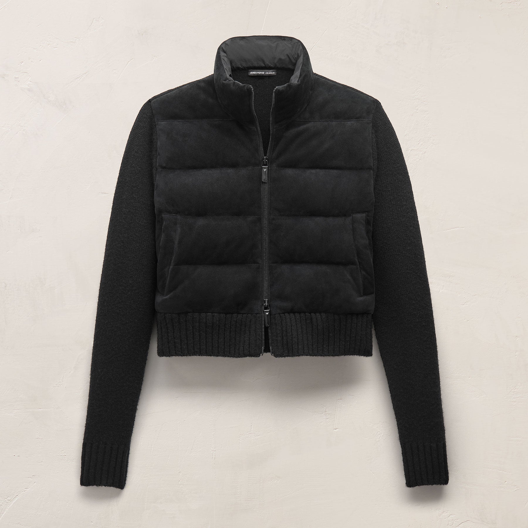 Quilted Suede Mixed Media Jacket - Black