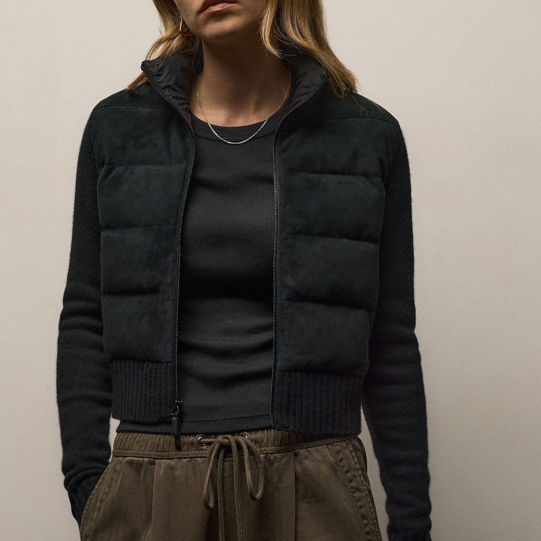 Quilted Suede Mixed Media Jacket - Black
