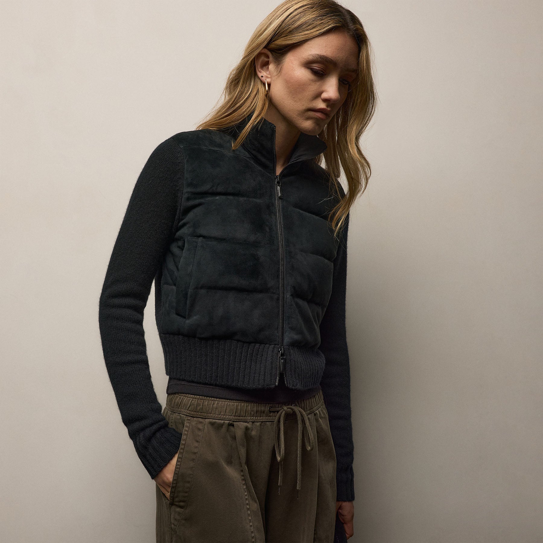 Quilted Suede Mixed Media Jacket - Black