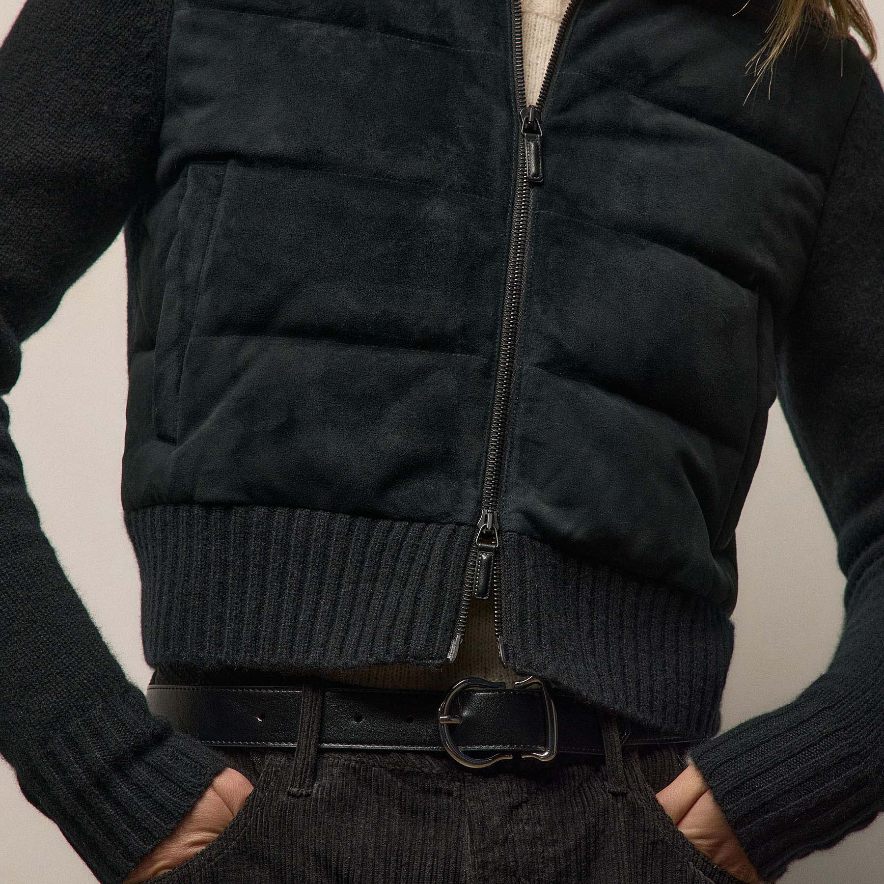 Quilted Suede Mixed Media Jacket - Black
