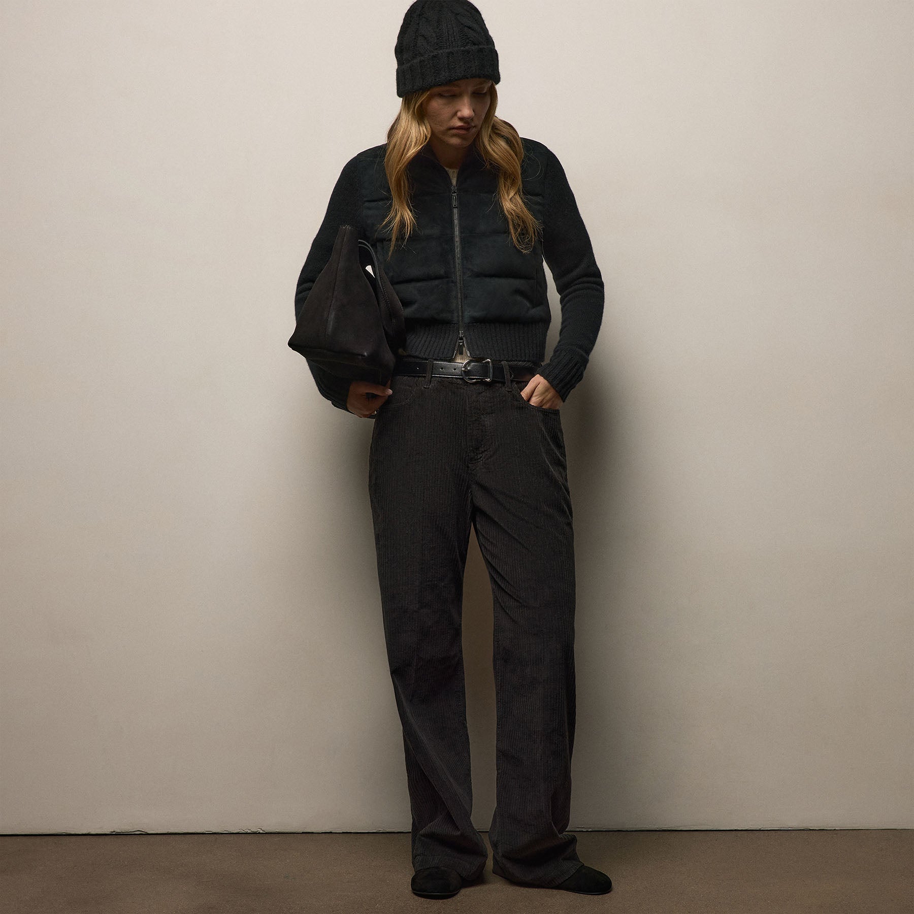 Quilted Suede Mixed Media Jacket - Black