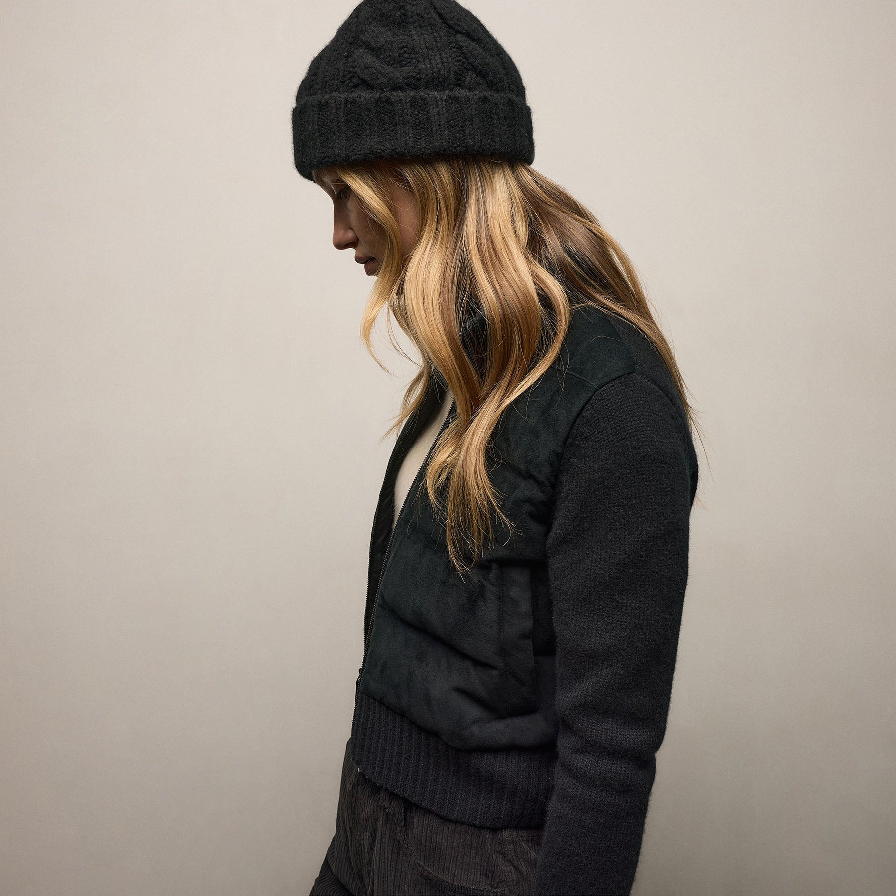 Quilted Suede Mixed Media Jacket - Black