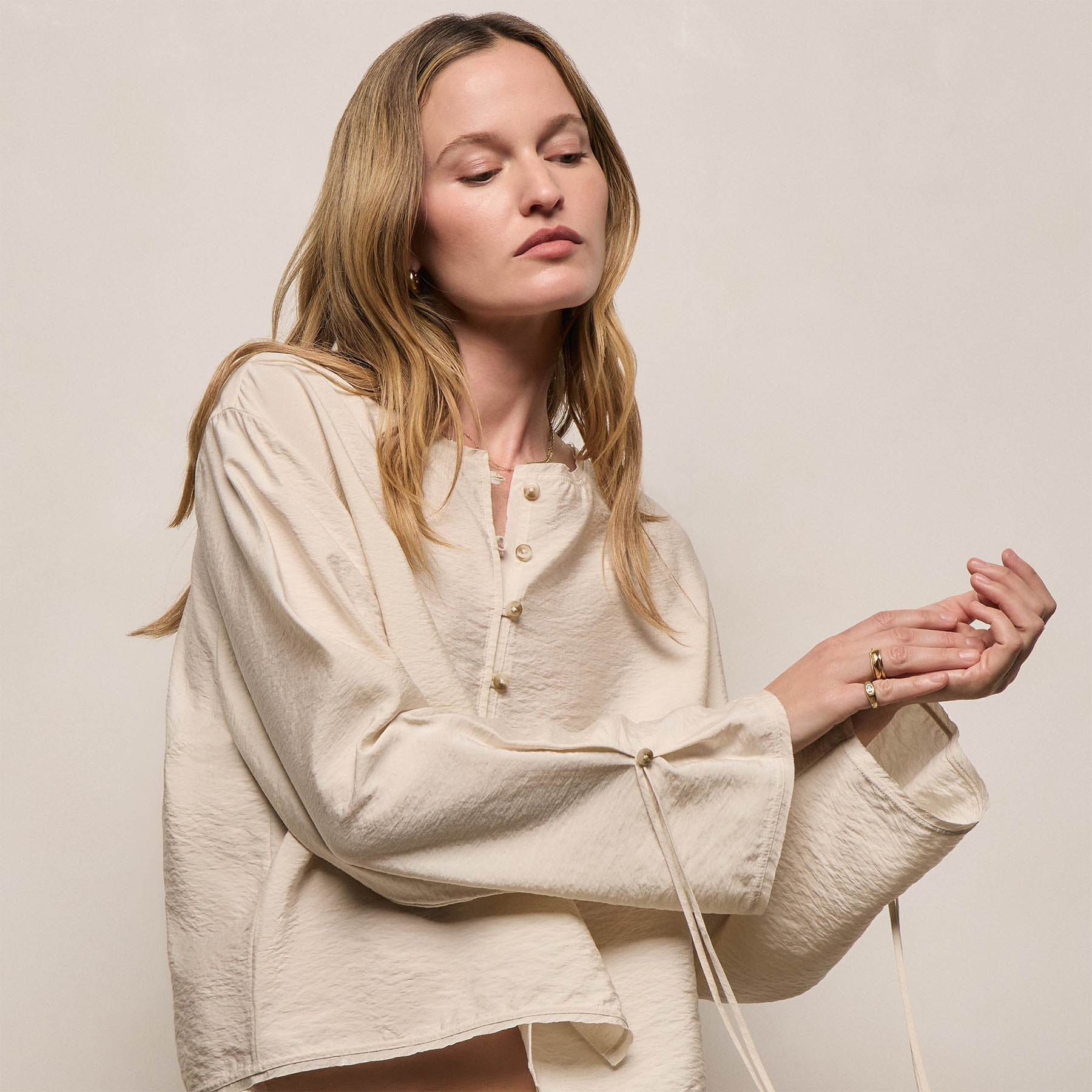 Modal Silk Blend Tie Up Blouse - Parchment