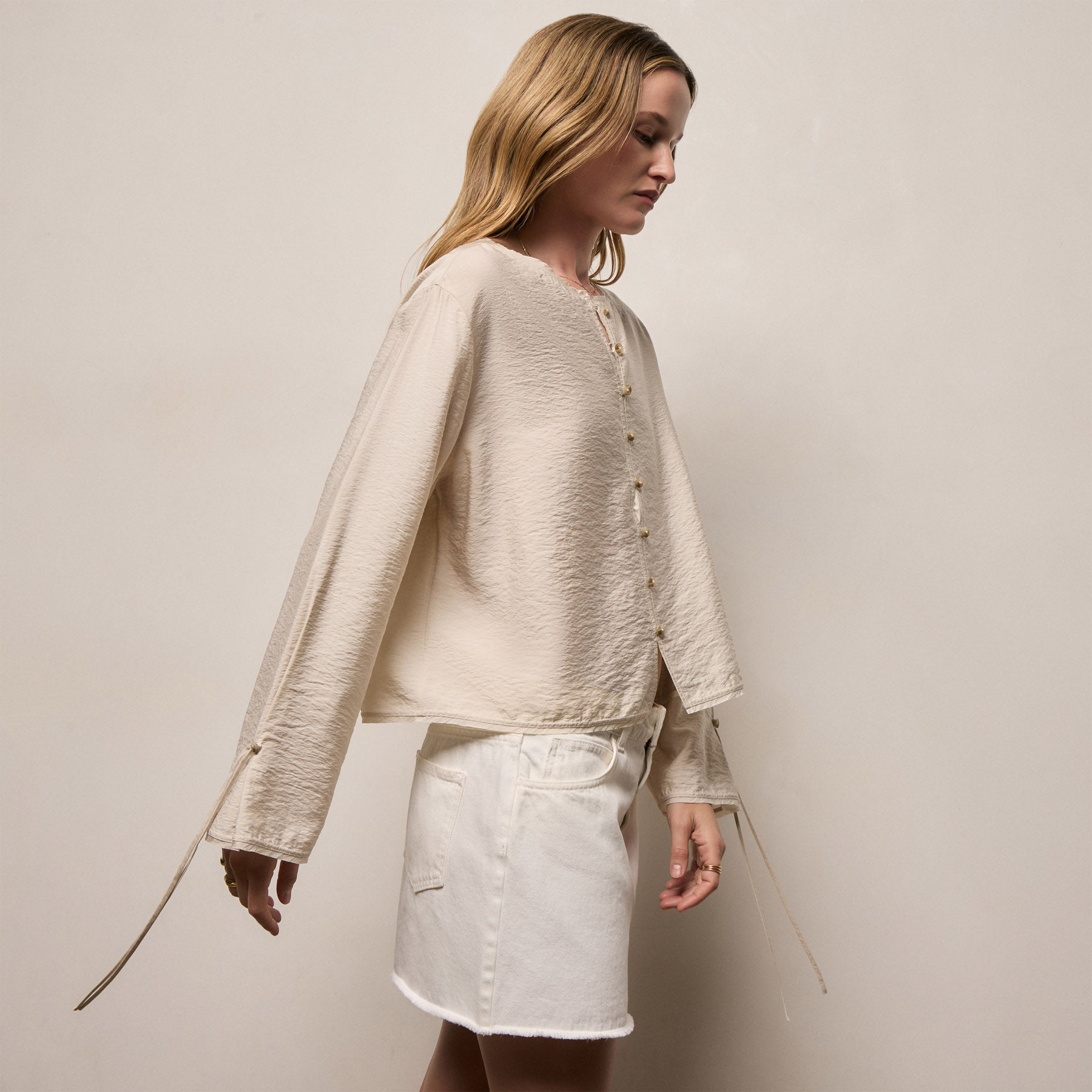 Modal Silk Blend Tie Up Blouse - Parchment
