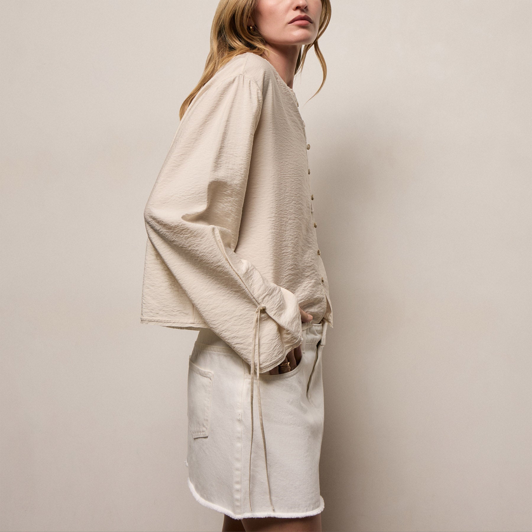 Modal Silk Blend Tie Up Blouse - Parchment