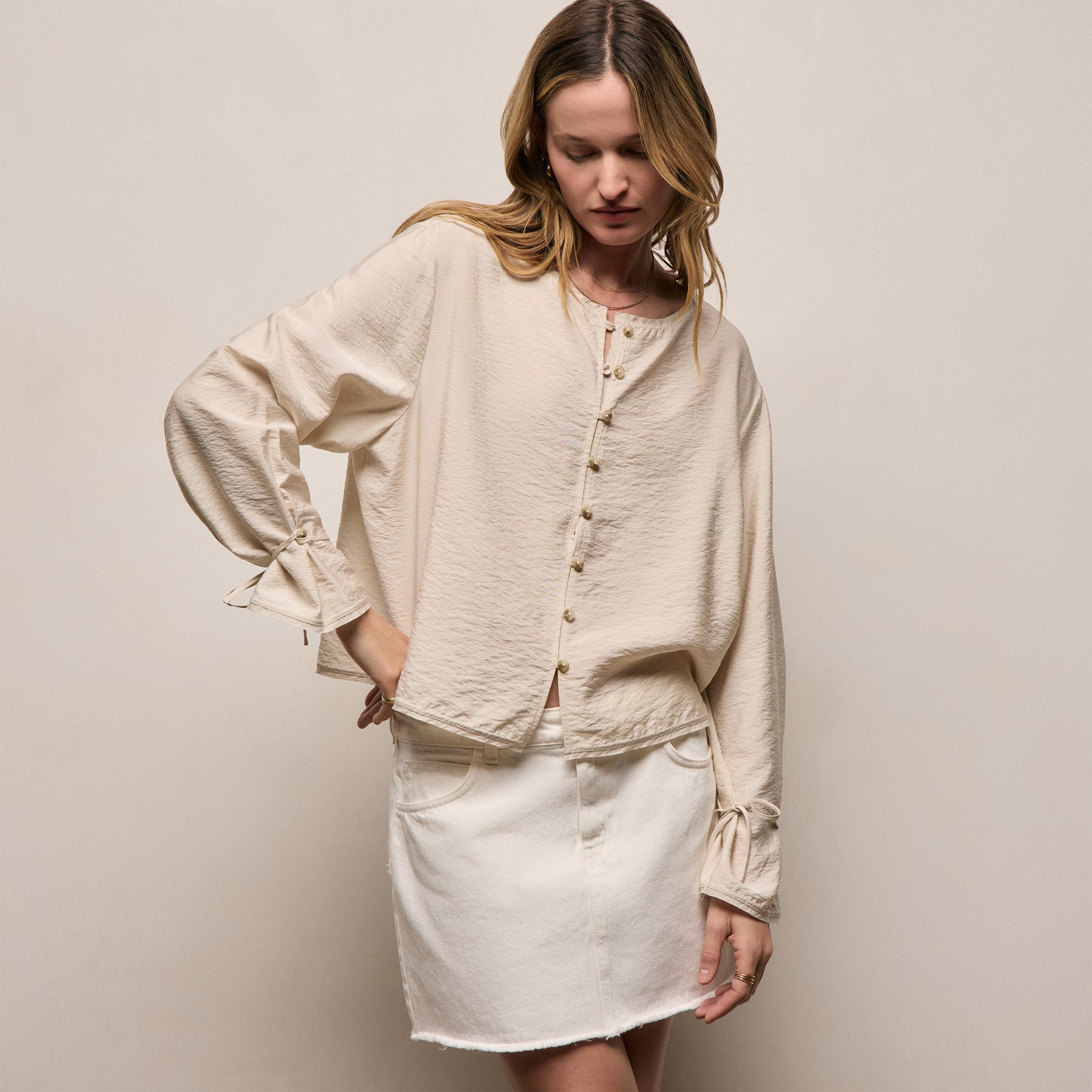 Modal Silk Blend Tie Up Blouse - Parchment