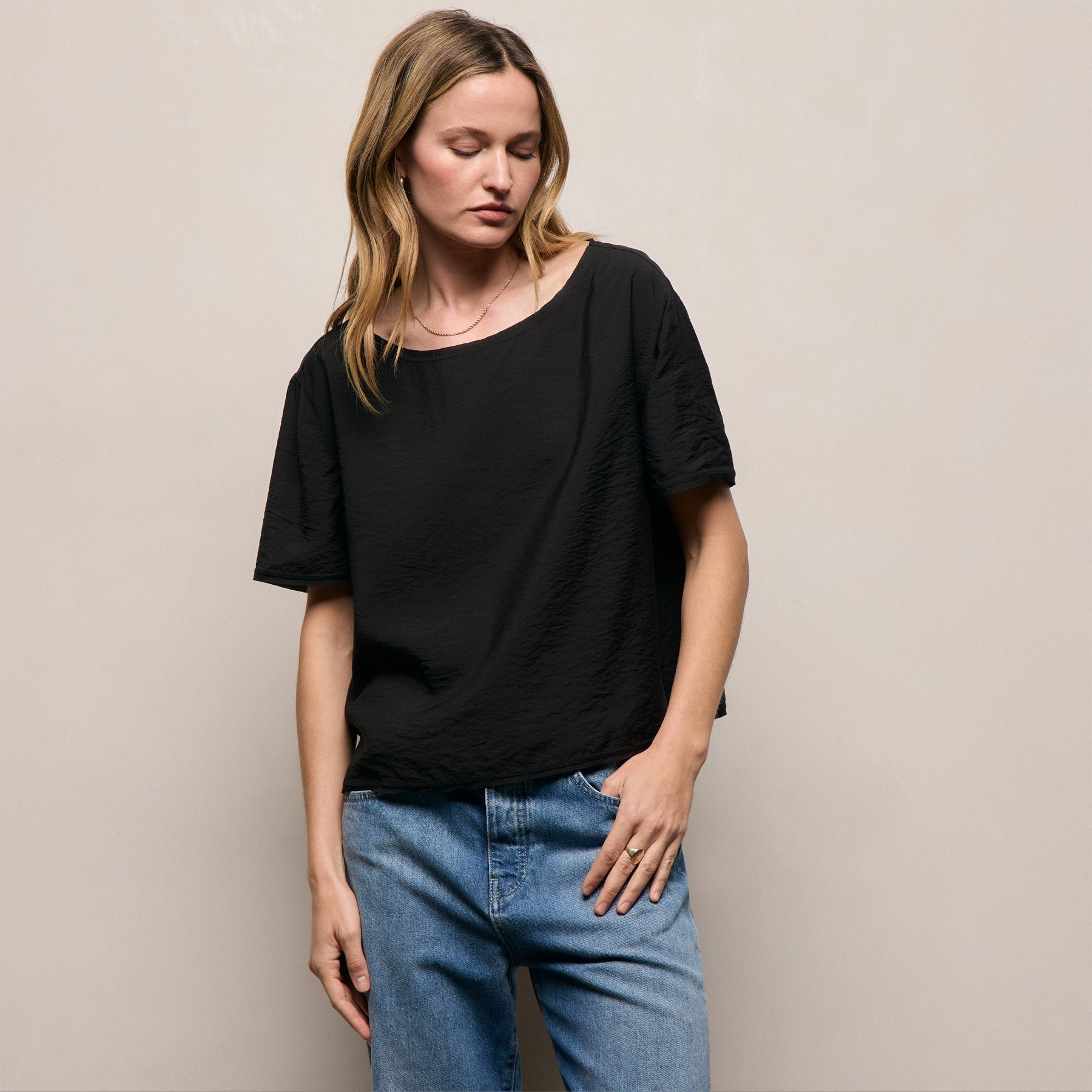 Modal Silk Blend Drop Shoulder Blouse - Black