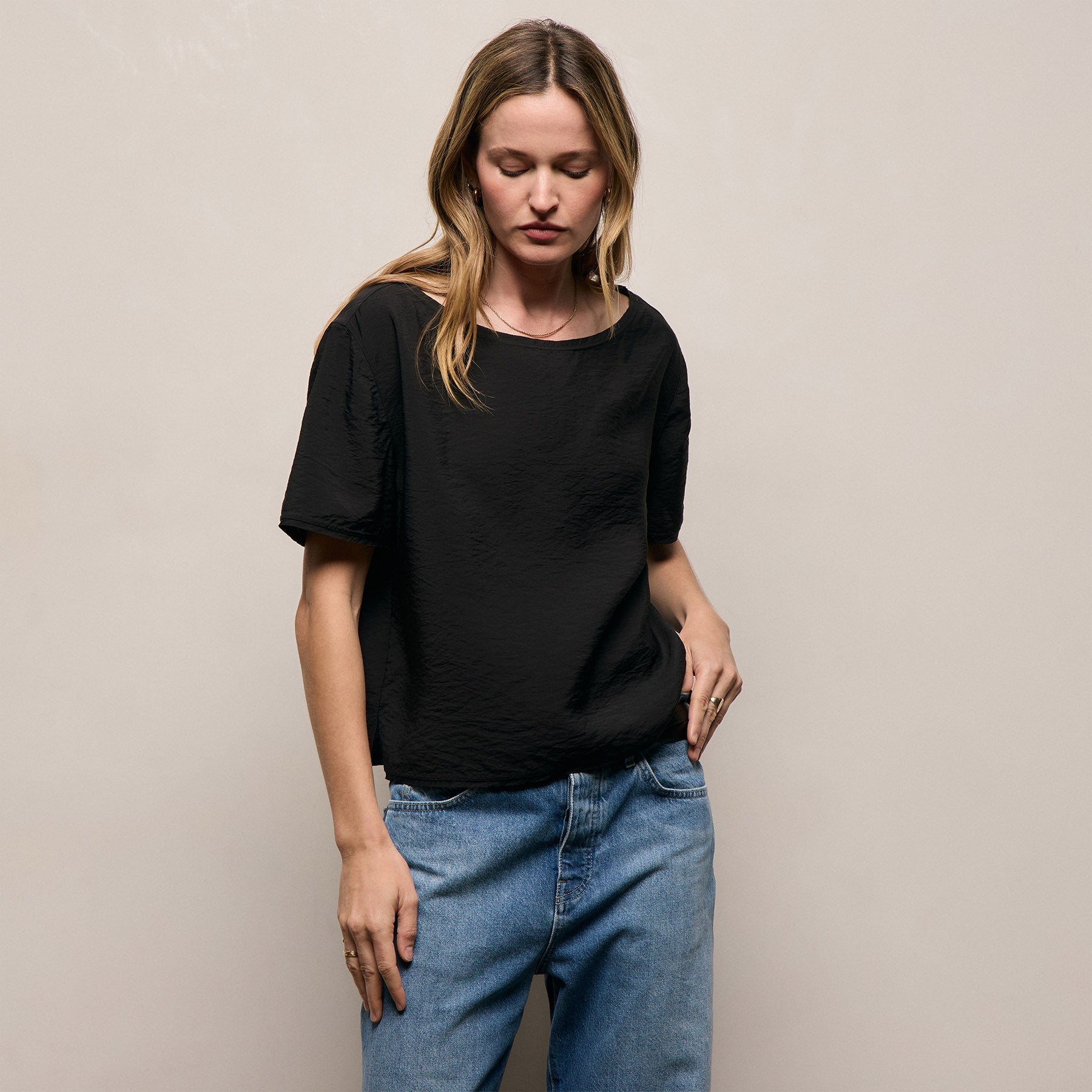 Modal Silk Blend Drop Shoulder Blouse - Black