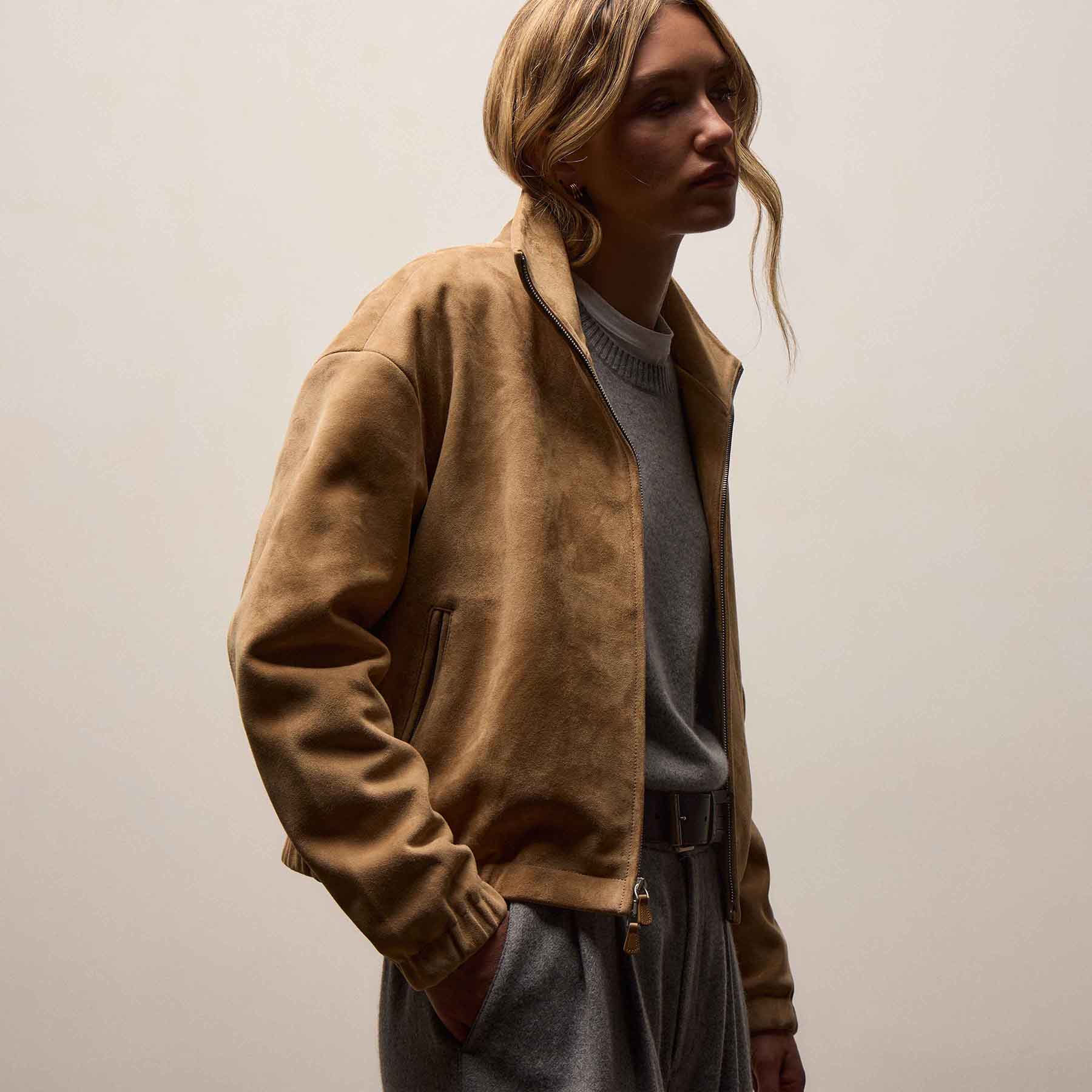 Suede Bomber Jacket - Sand
