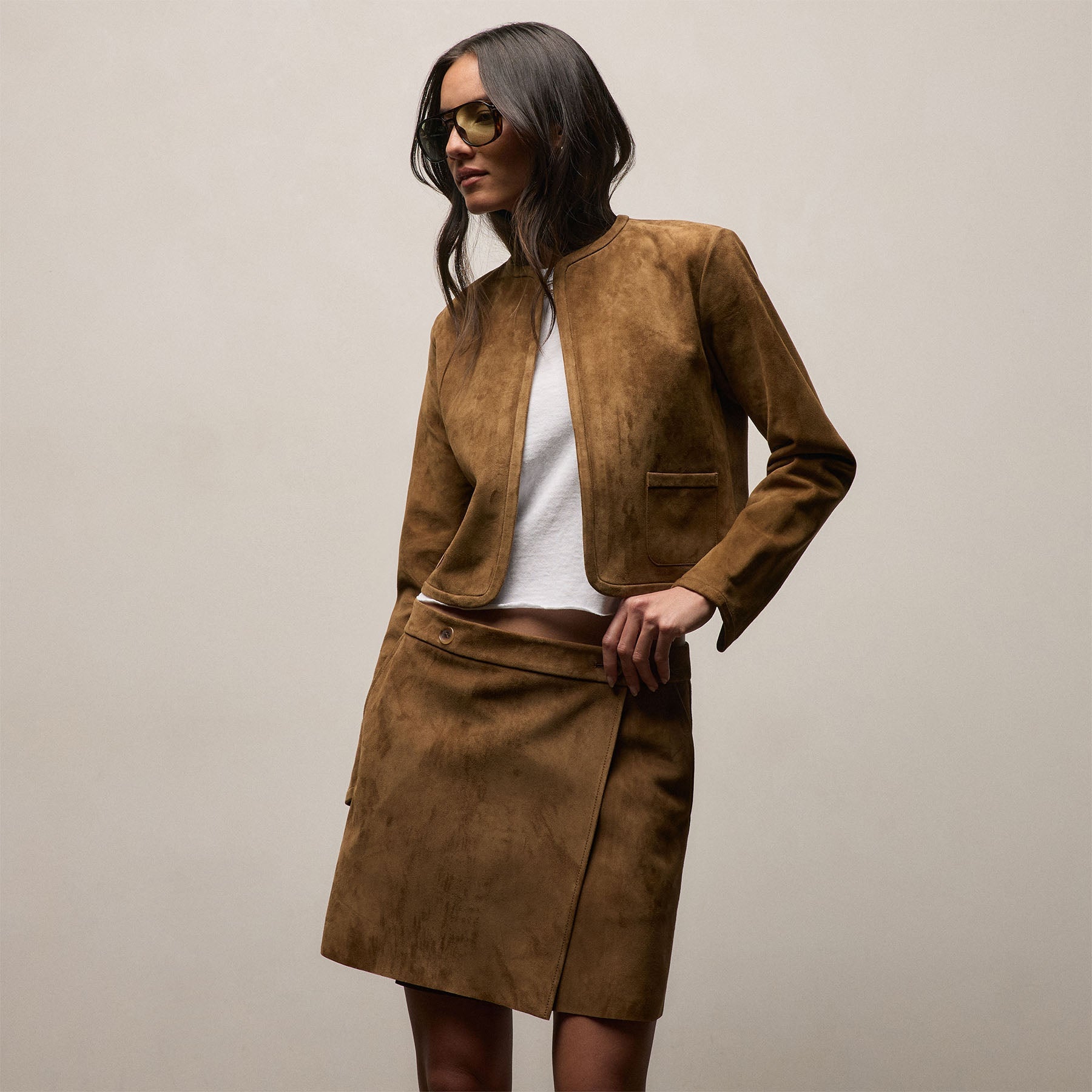 Wrap Front Suede Mini Skirt - Tabacco