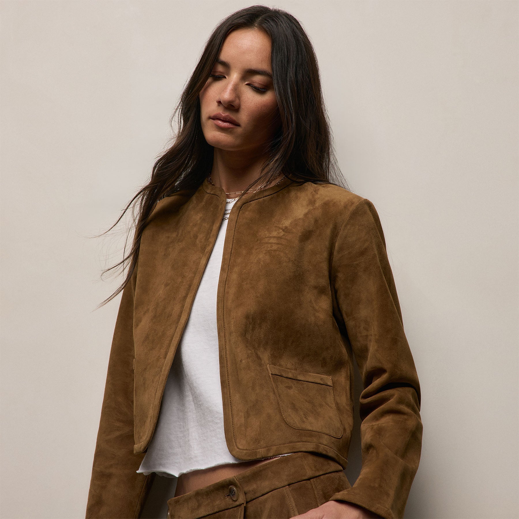 Suede Cropped Open Jacket - Tabacco