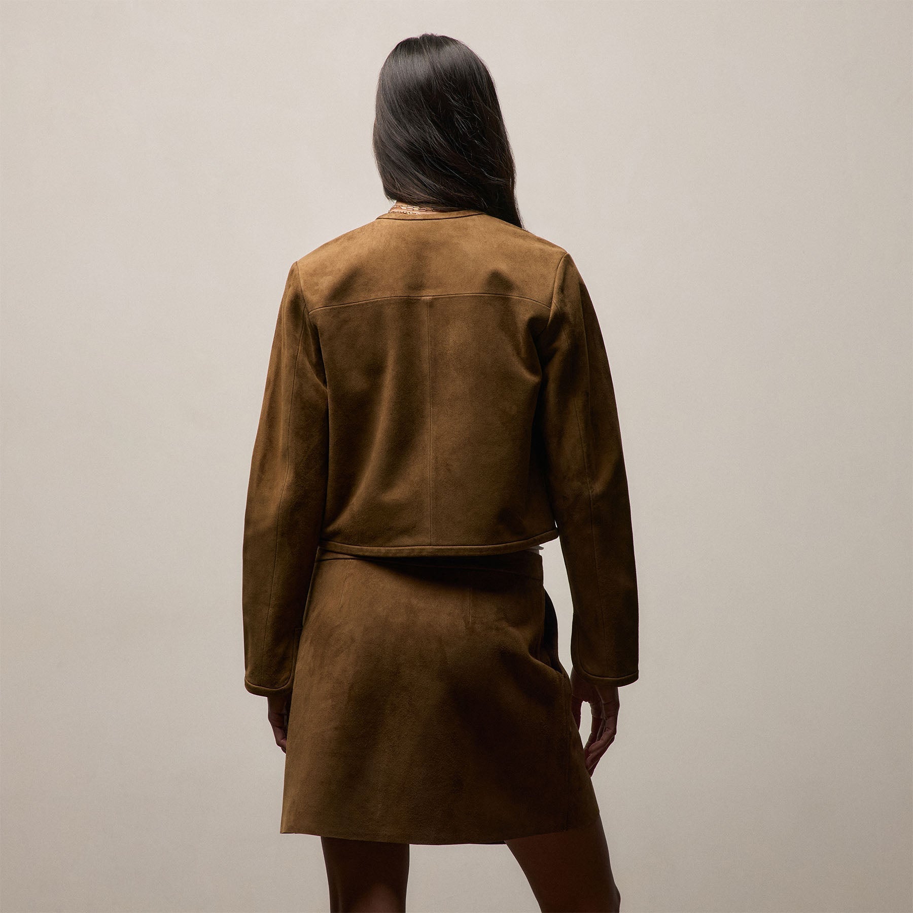Suede Cropped Open Jacket - Tabacco