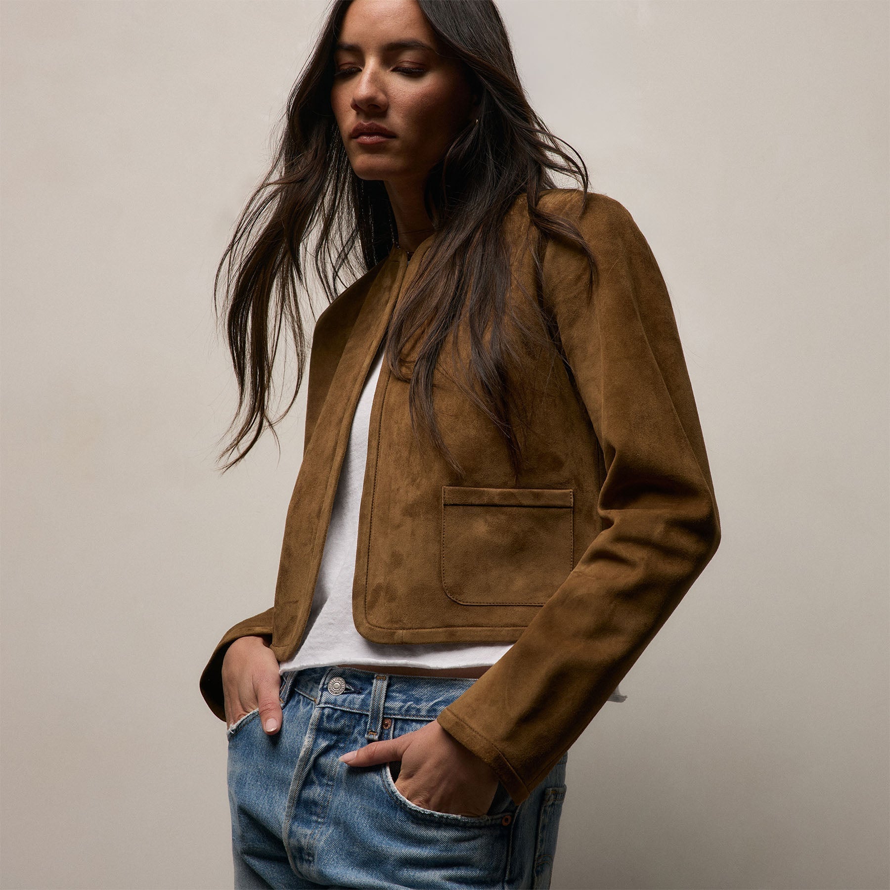 Suede Cropped Open Jacket - Tabacco