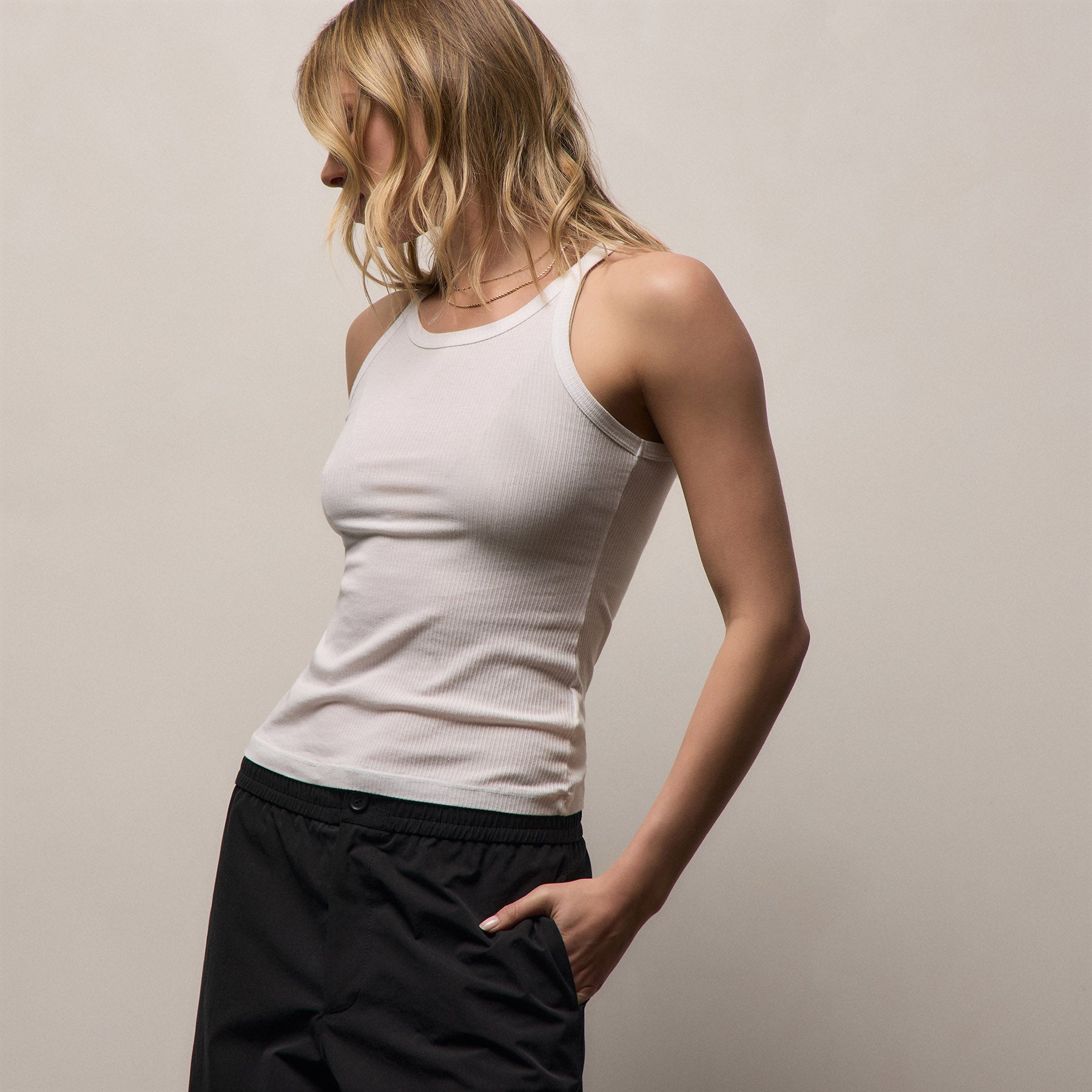 Ribbed High Neck Cami - White