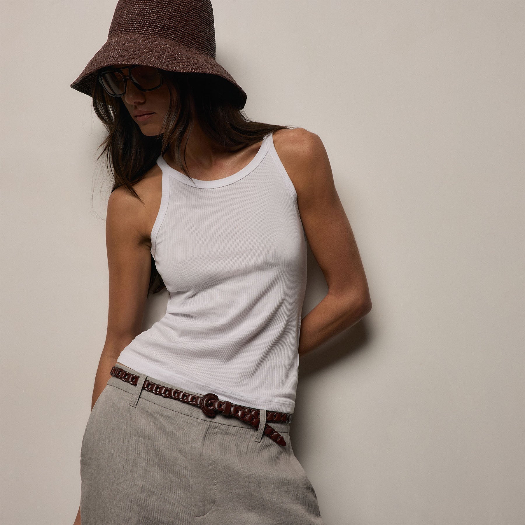 Ribbed High Neck Cami - White