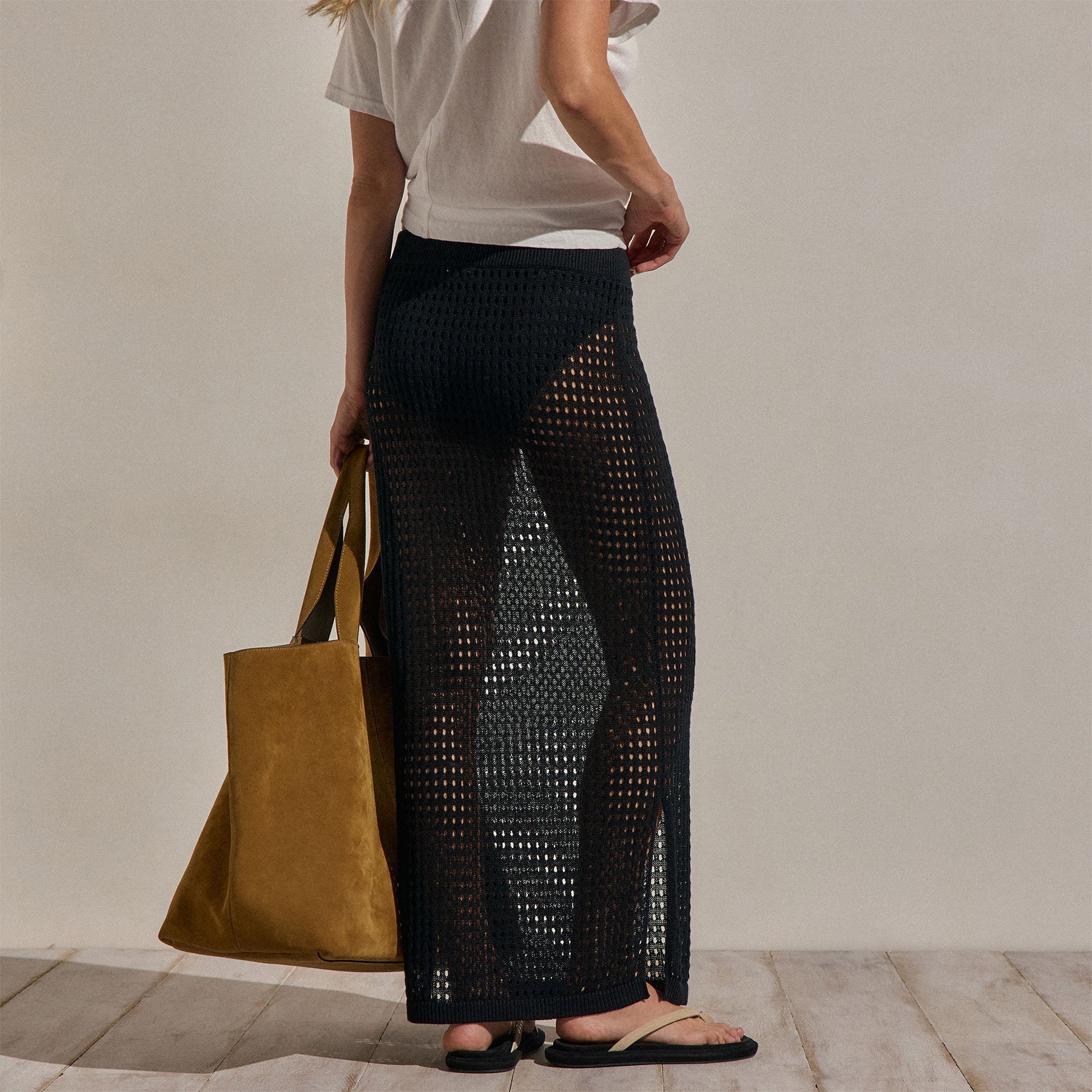 Linen Open Knit Midi Skirt - Black