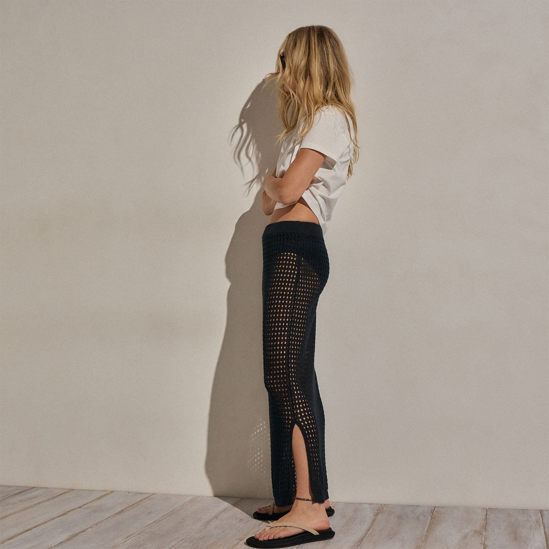 Linen Open Knit Midi Skirt - Black