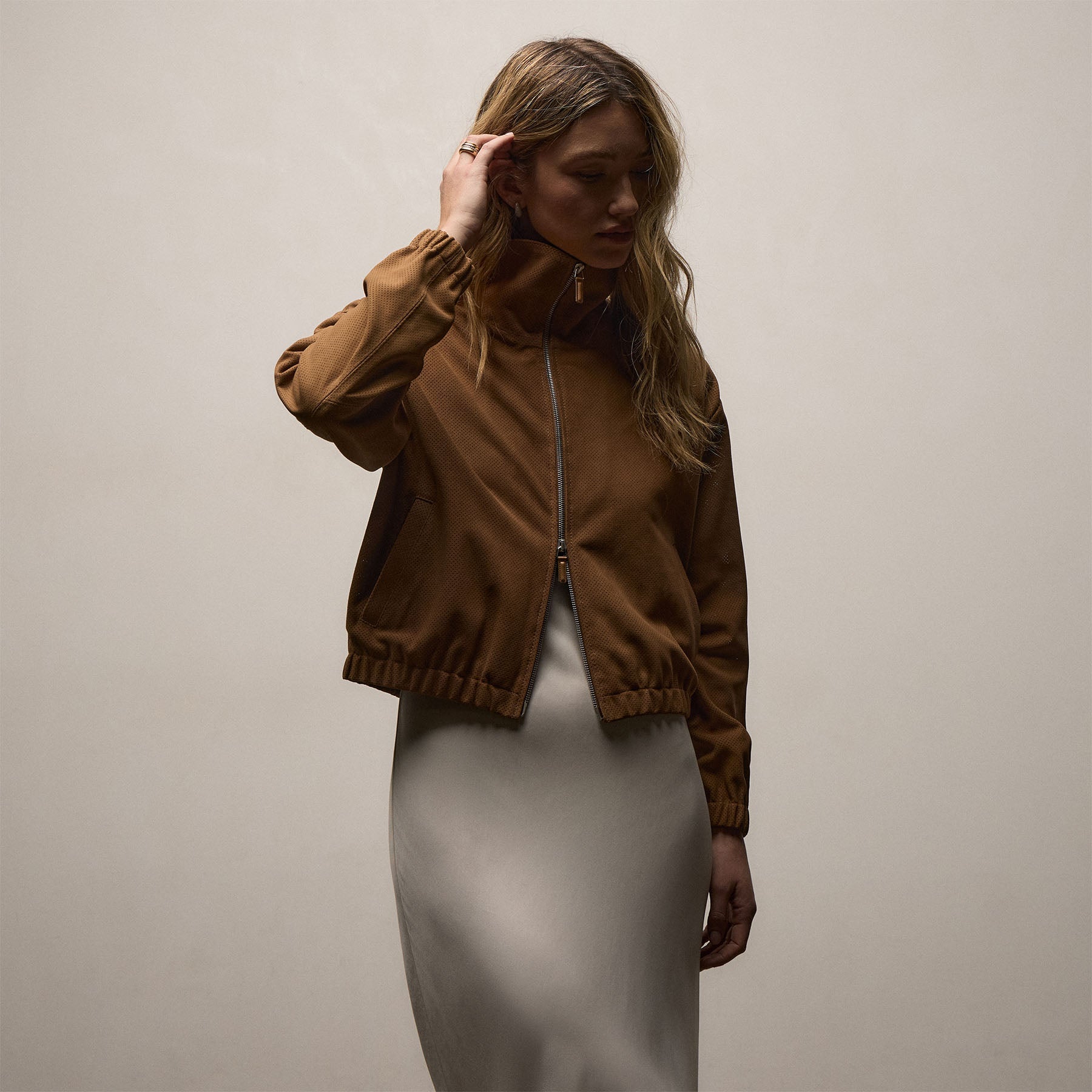 Perforated Suede Blouson Jacket - Gingerbread