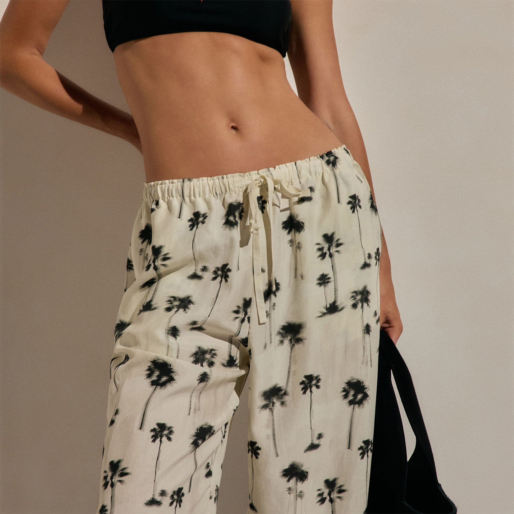 Printed Washed Silk Wide Cuff Pant - Allover Palm Print