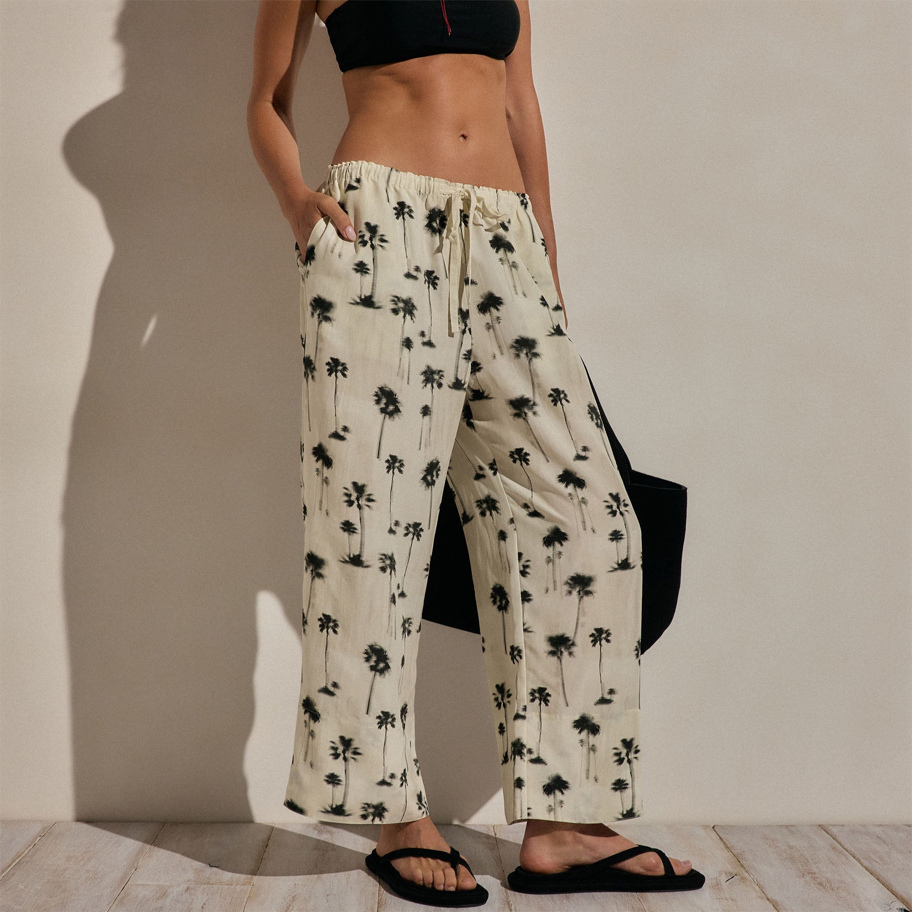 Printed Washed Silk Wide Cuff Pant - Allover Palm Print