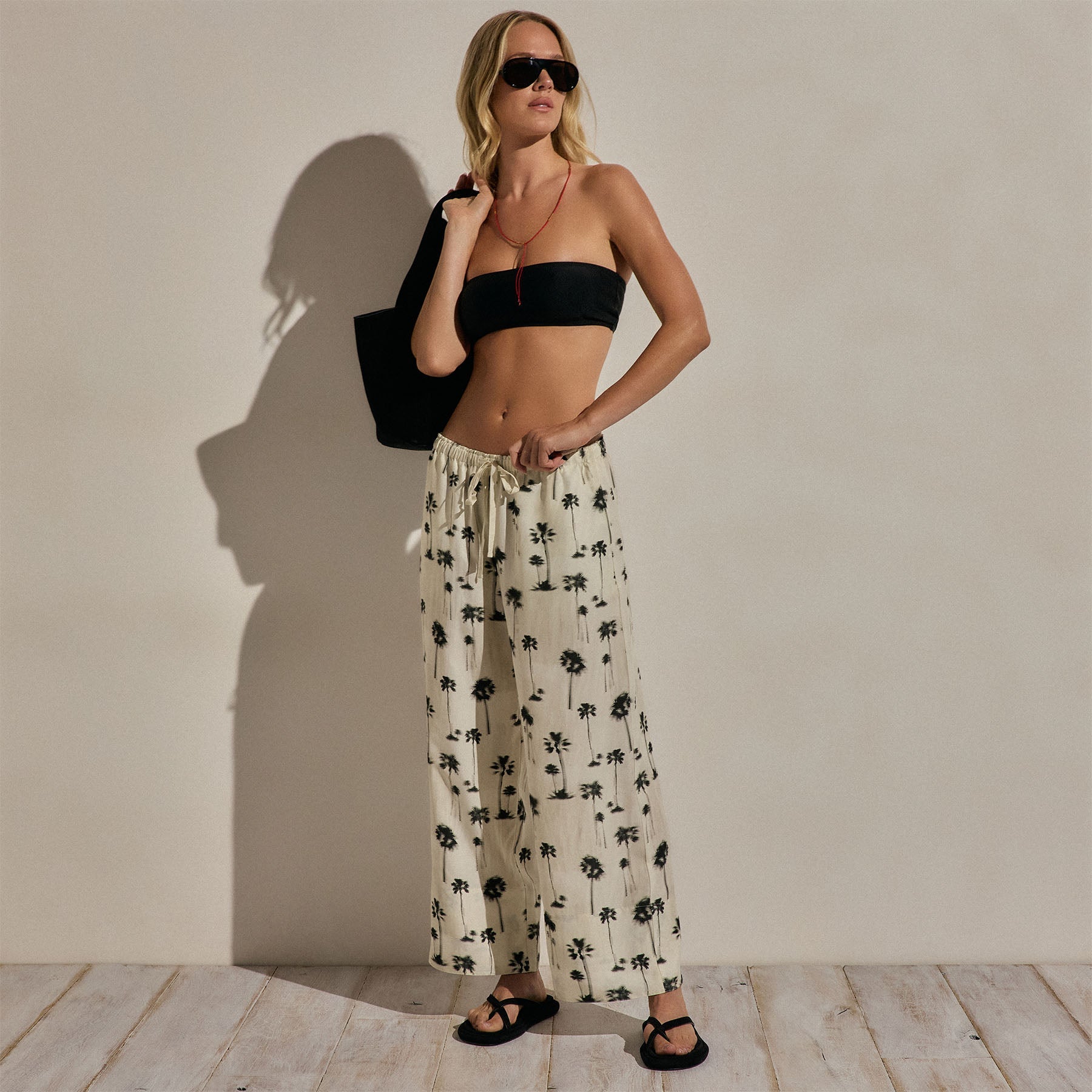 Printed Washed Silk Wide Cuff Pant - Allover Palm Print