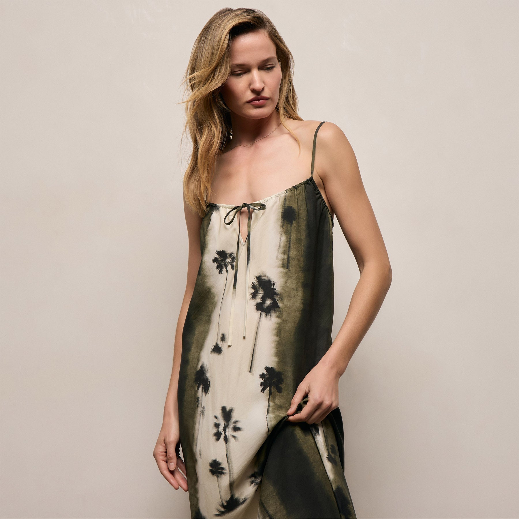 Printed Washed Silk Strappy Cami Dress - Ombre Palm Print