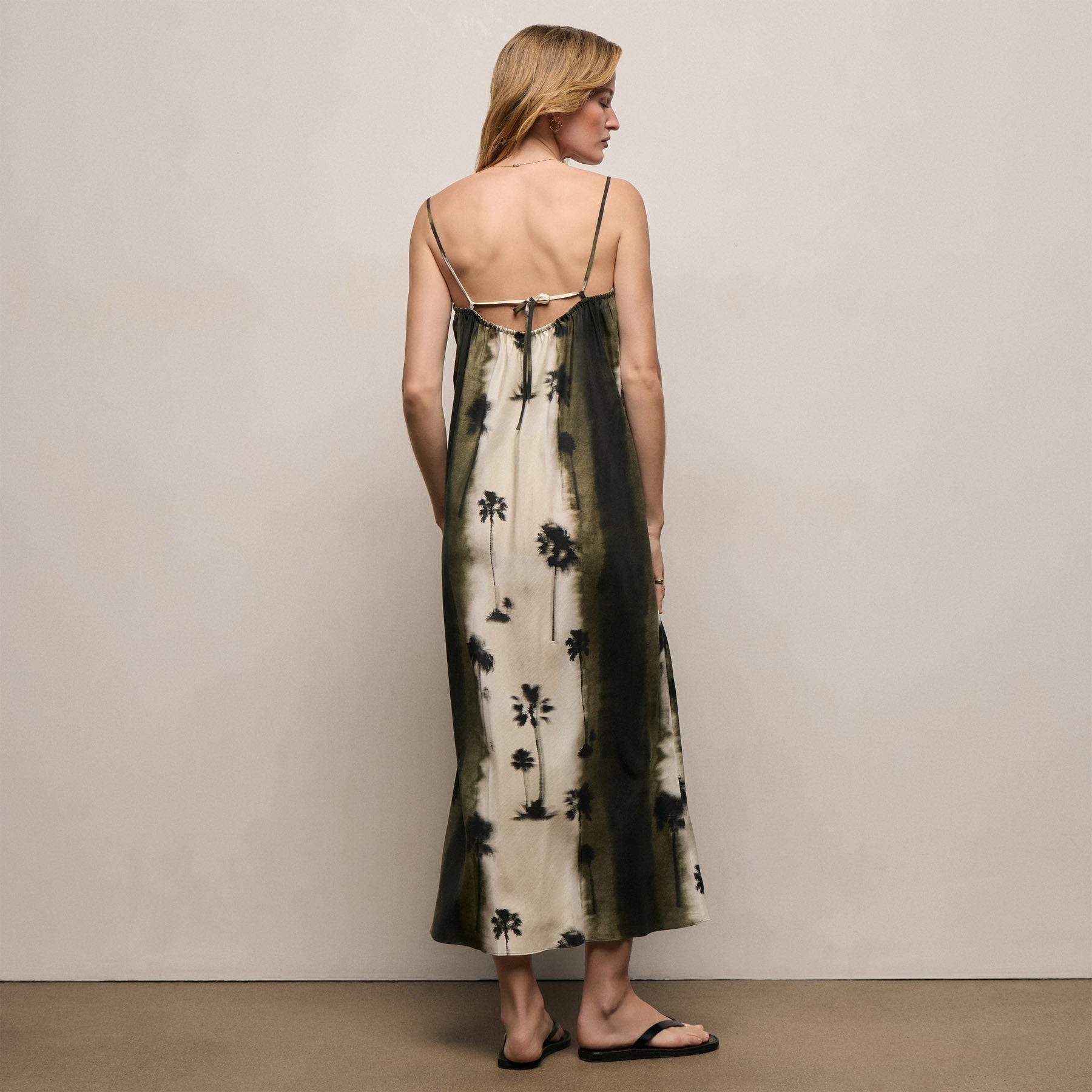 Printed Washed Silk Strappy Cami Dress - Ombre Palm Print