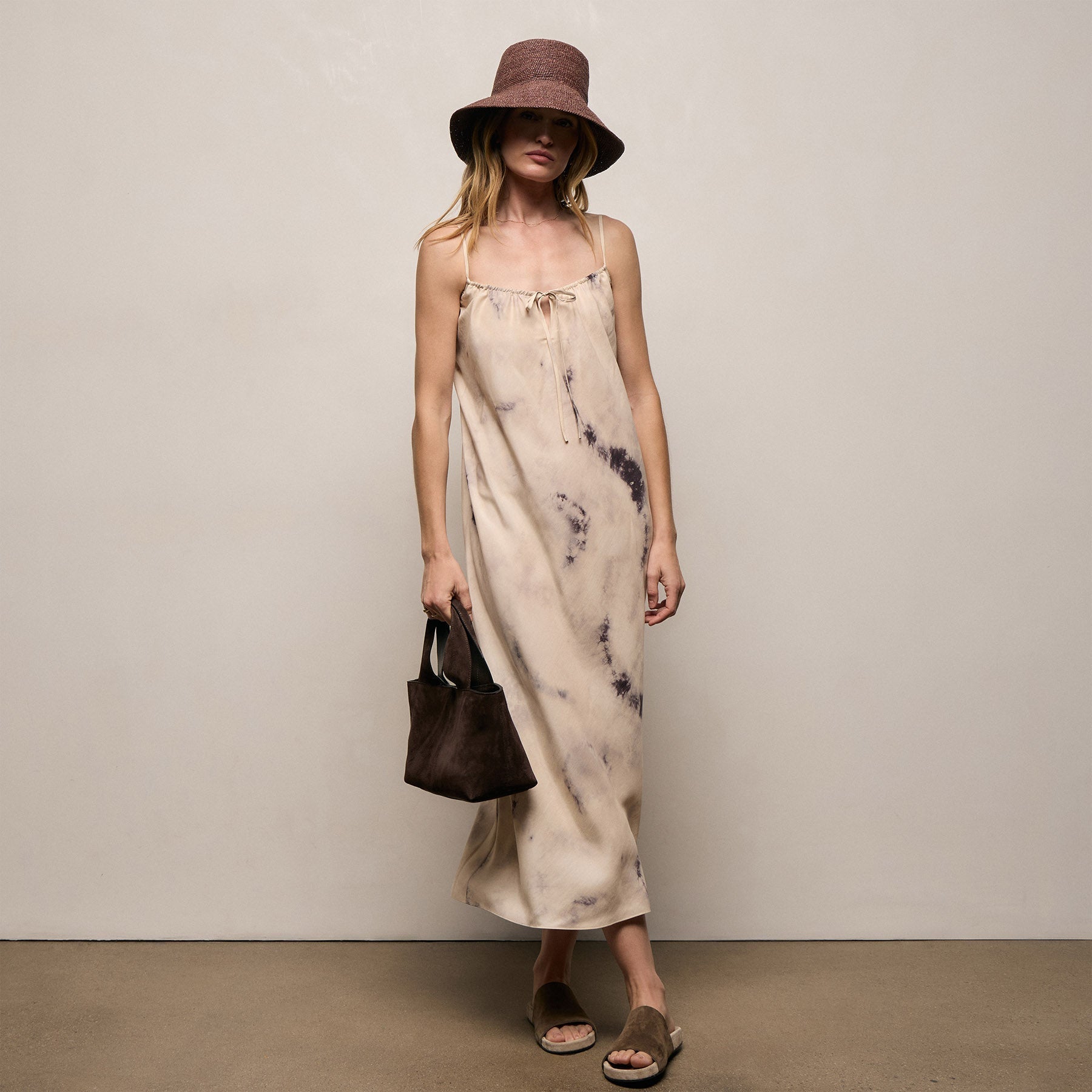 Printed Washed Silk Strappy Cami Dress - Pink Tie Dye