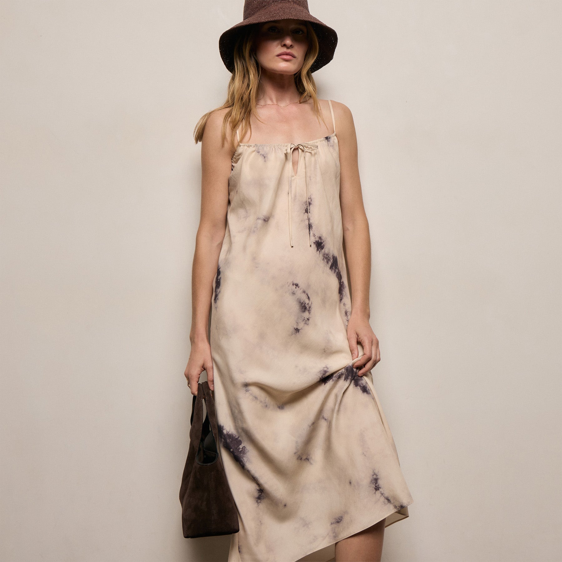Printed Washed Silk Strappy Cami Dress - Pink Tie Dye