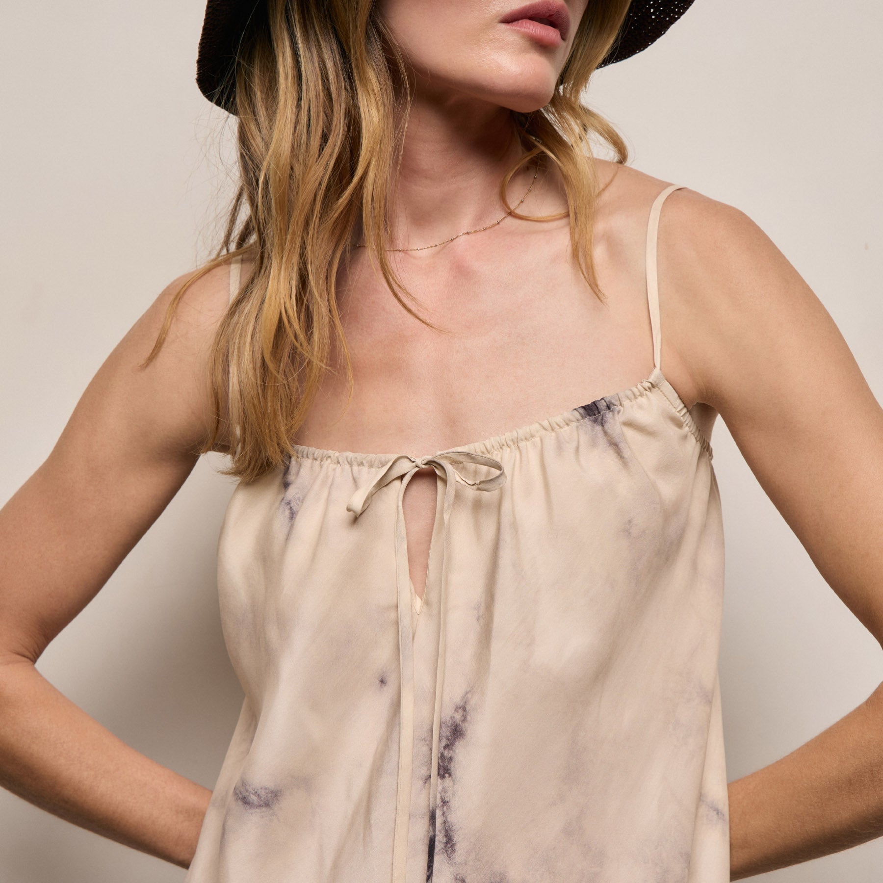 Printed Washed Silk Strappy Cami Dress - Pink Tie Dye