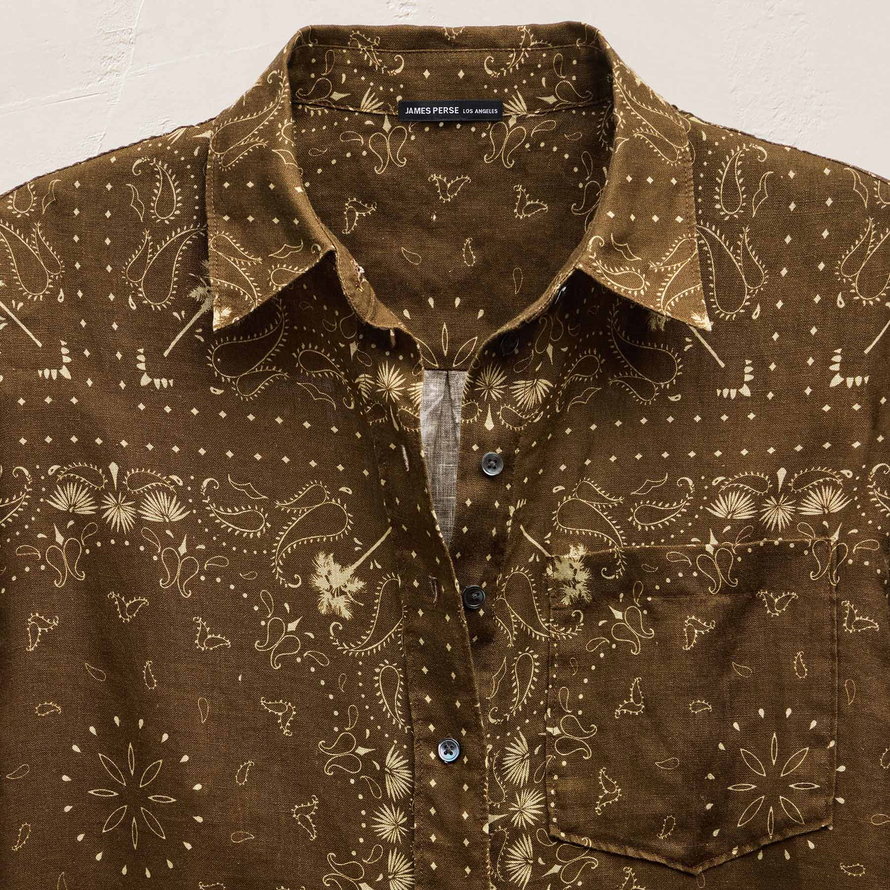 Palm Paisley Linen Shirt - Brown Bandana Print