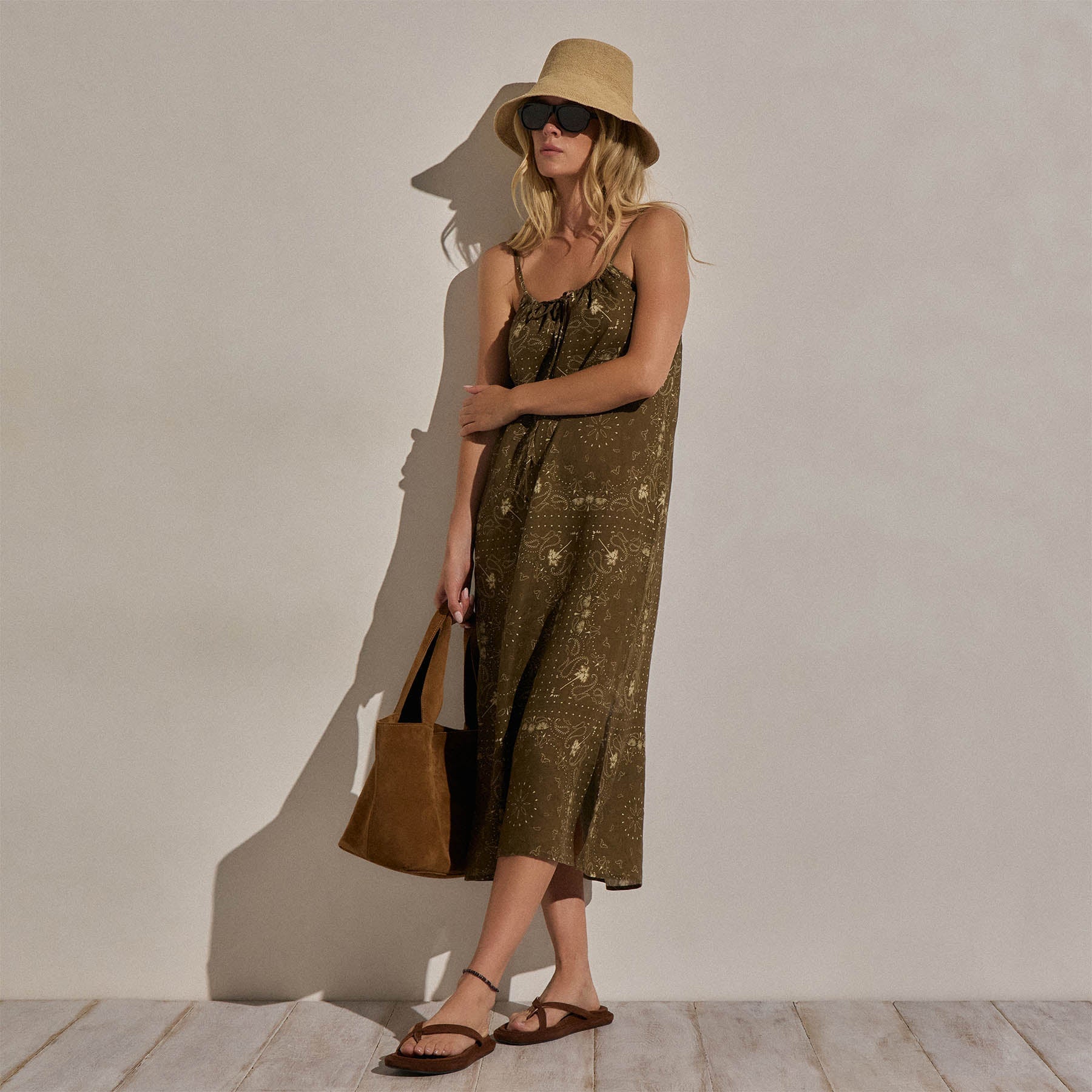 Palm Paisley Linen Strappy Tie Dress - Brown Bandana Print