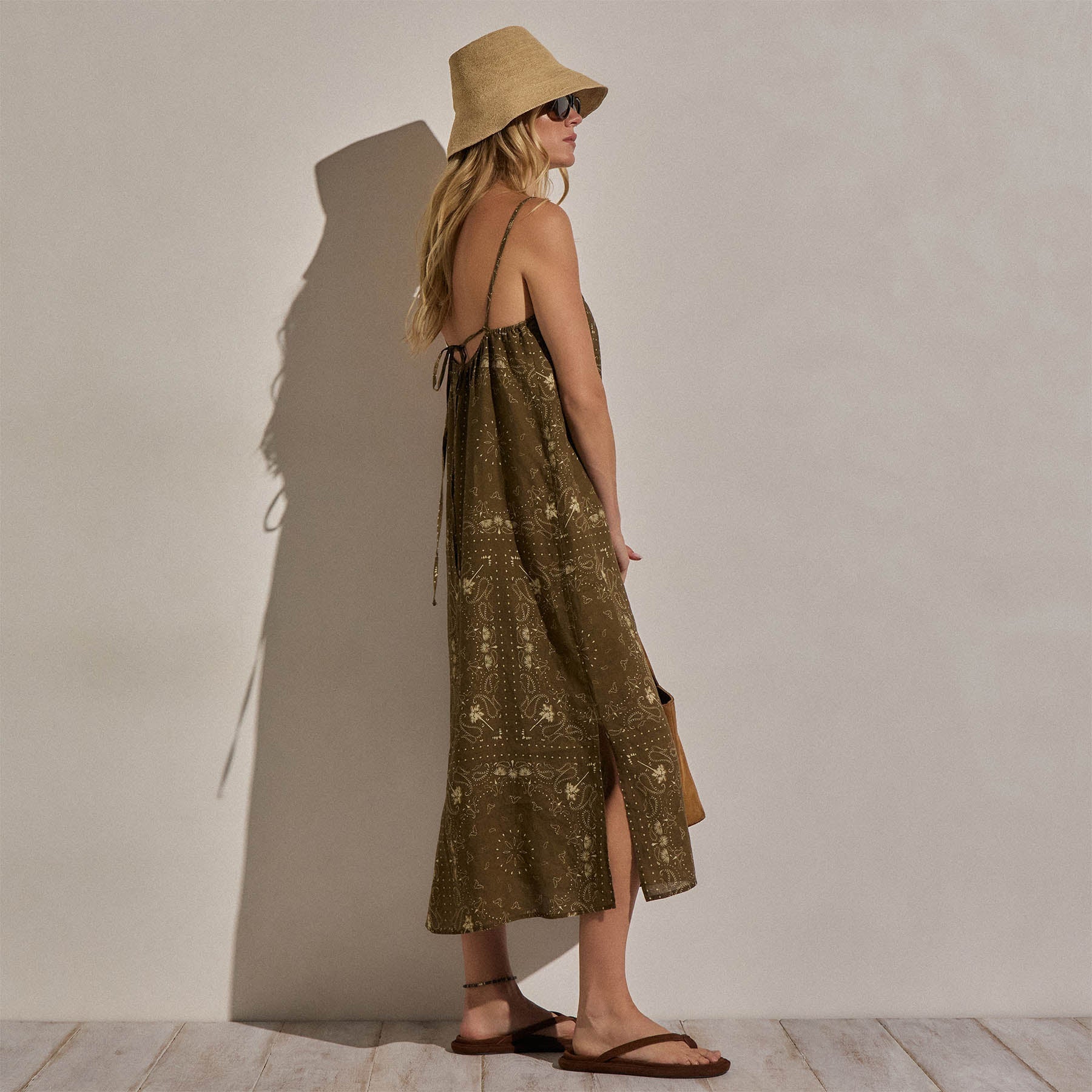 Palm Paisley Linen Strappy Tie Dress - Brown Bandana Print
