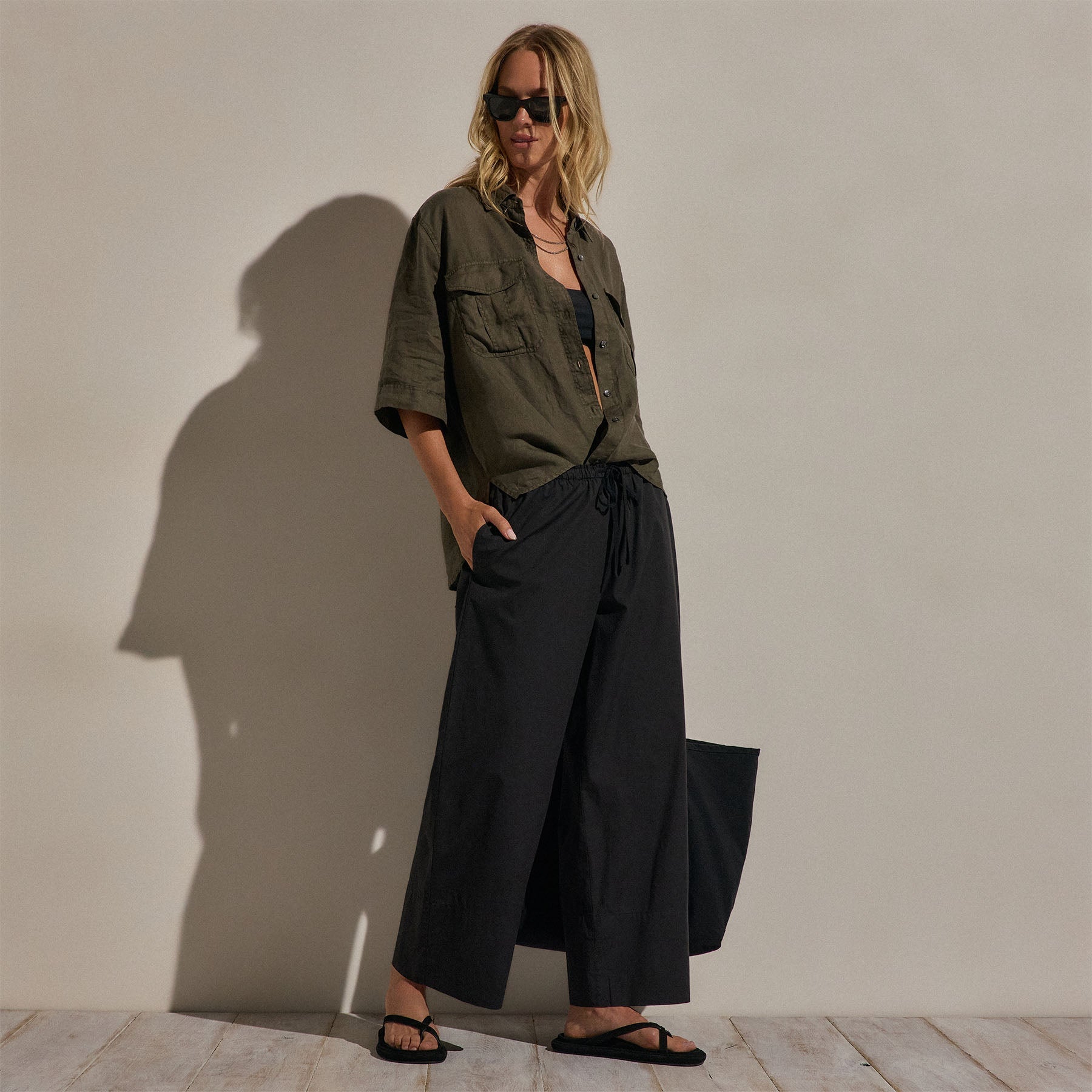 Cotton Linen Poplin Wide Cuff Pant - Black