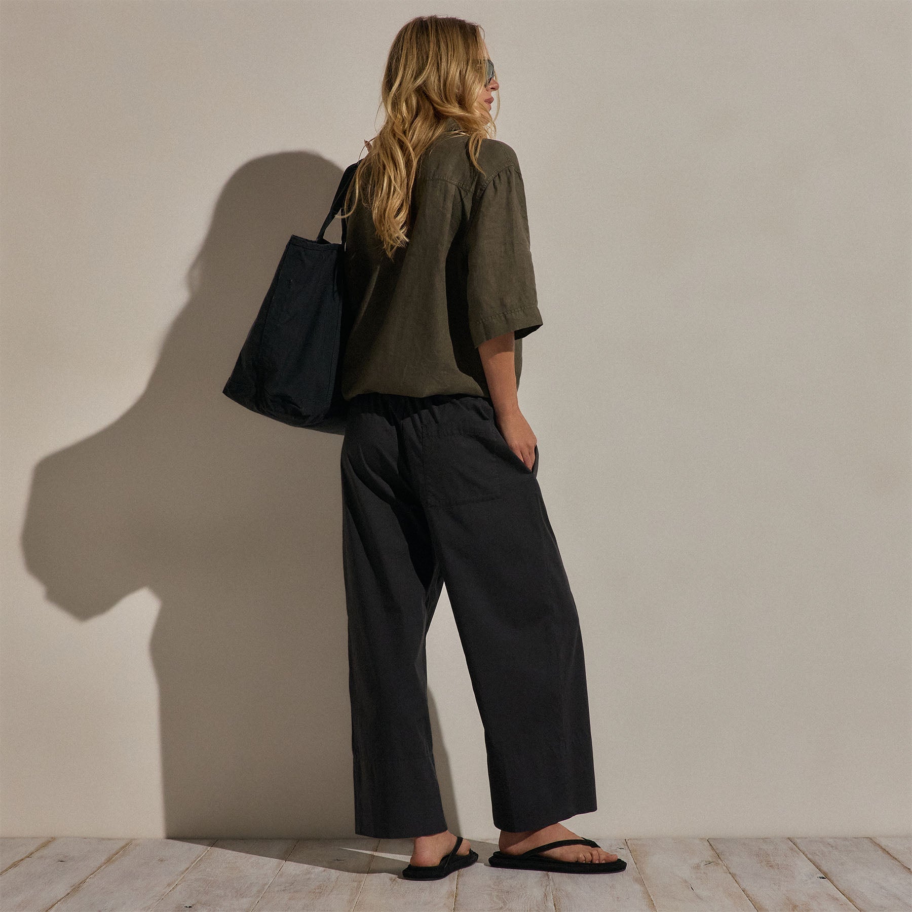 Cotton Linen Poplin Wide Cuff Pant - Black