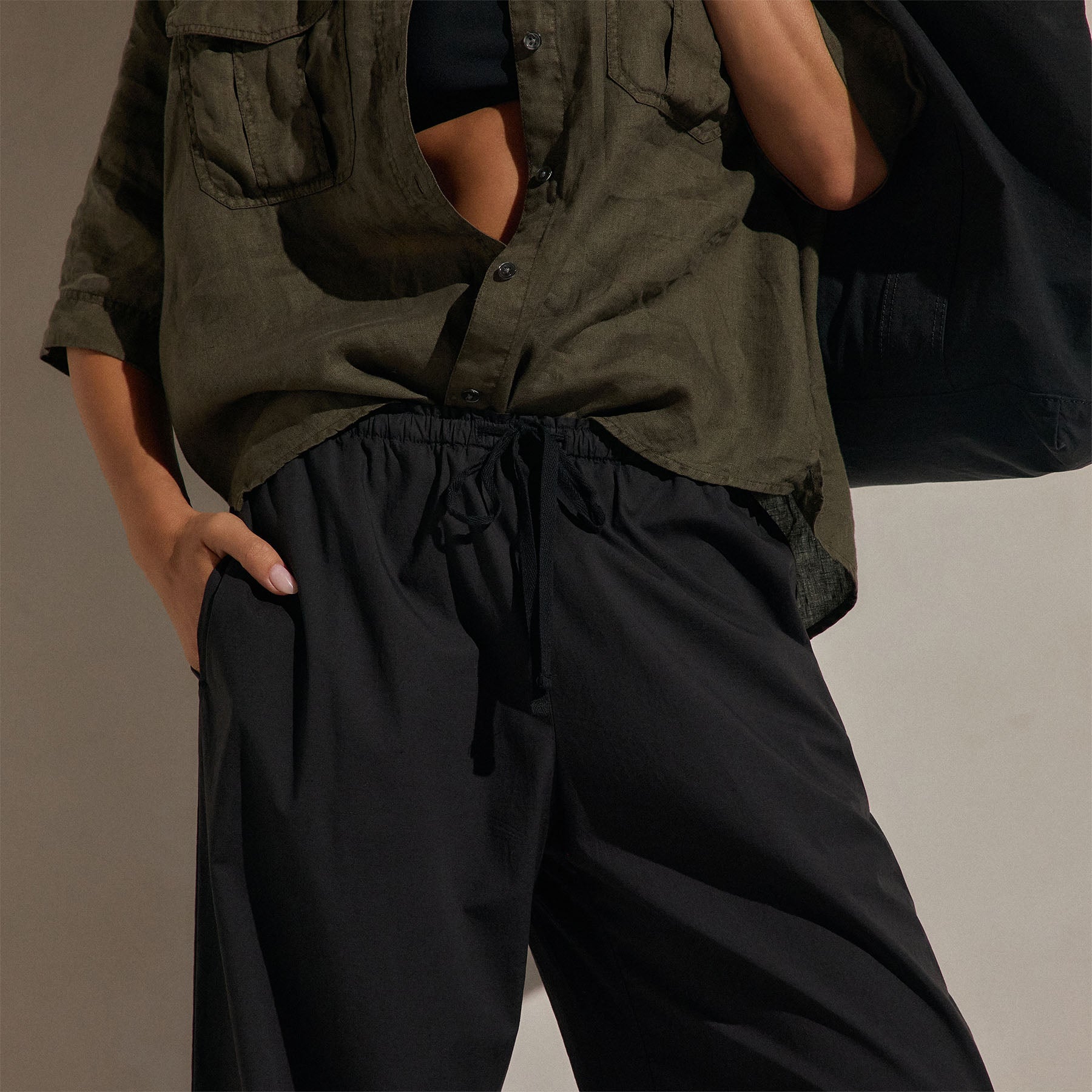 Cotton Linen Poplin Wide Cuff Pant - Black