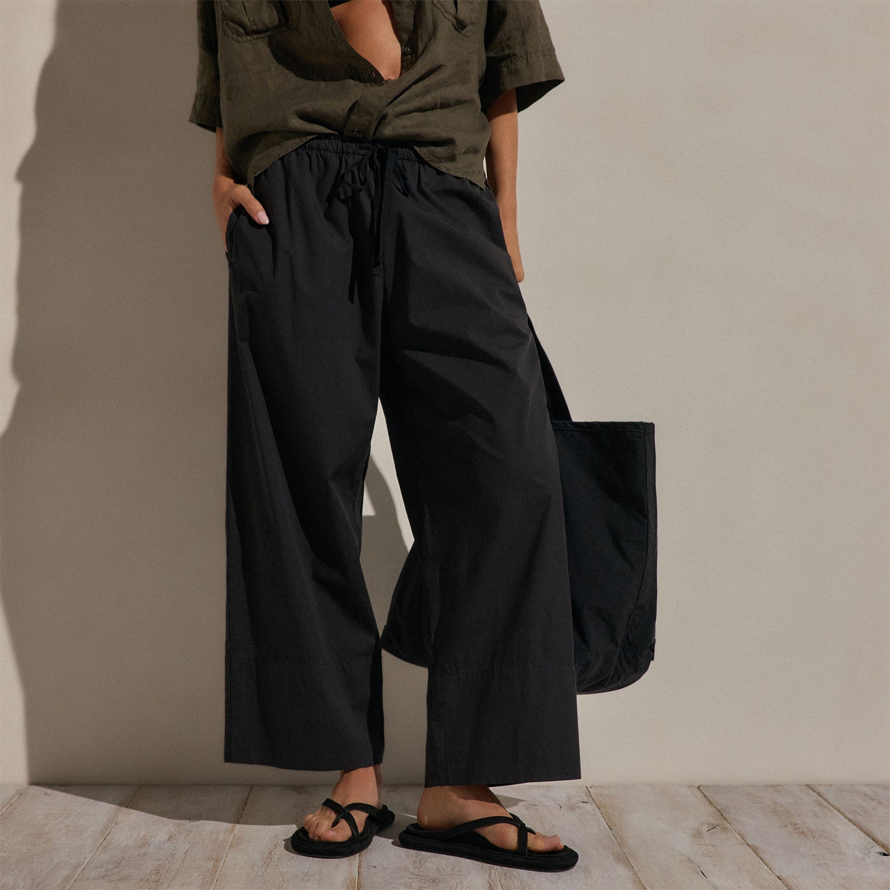 Cotton Linen Poplin Wide Cuff Pant - Black