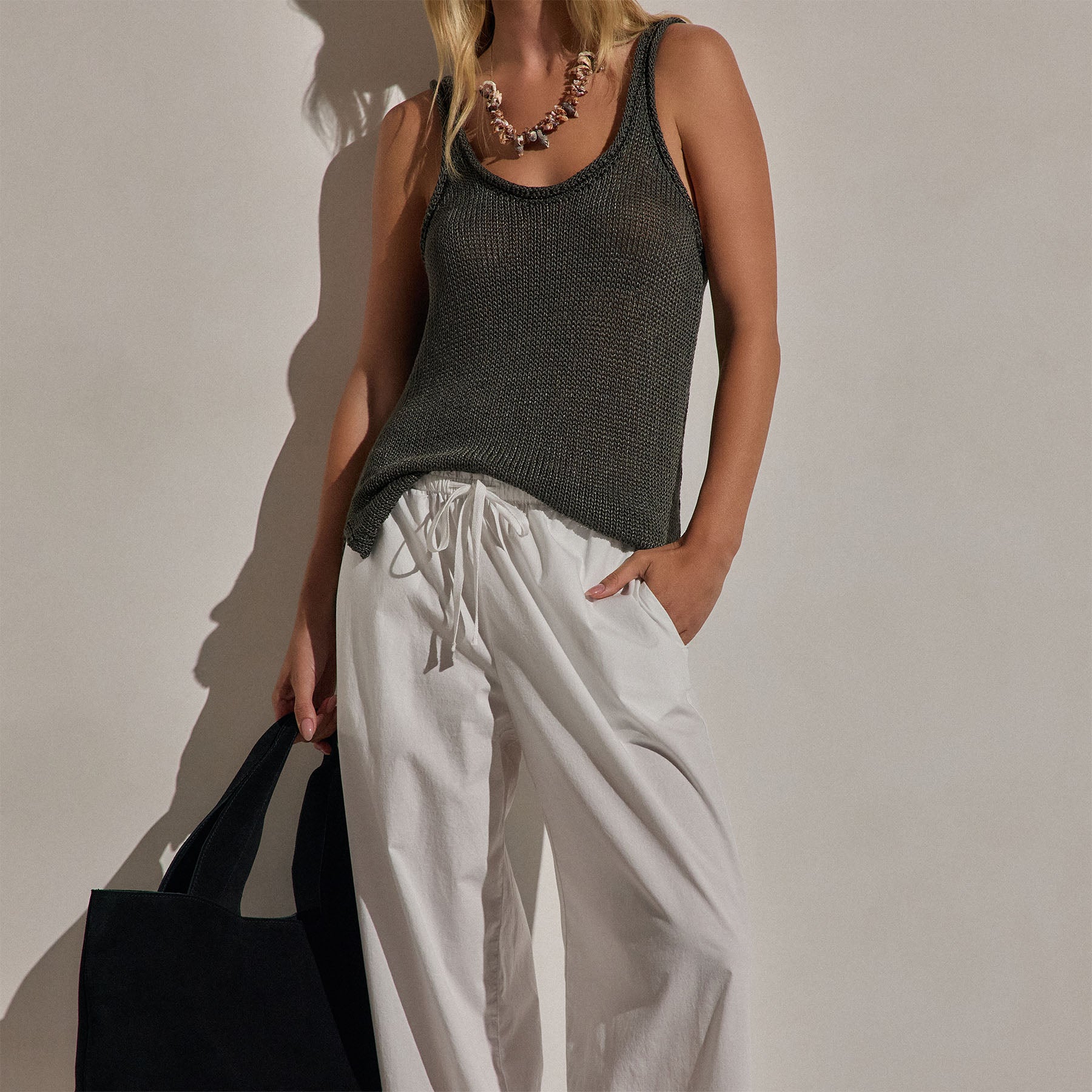 Cotton Linen Poplin Wide Cuff Pant - White