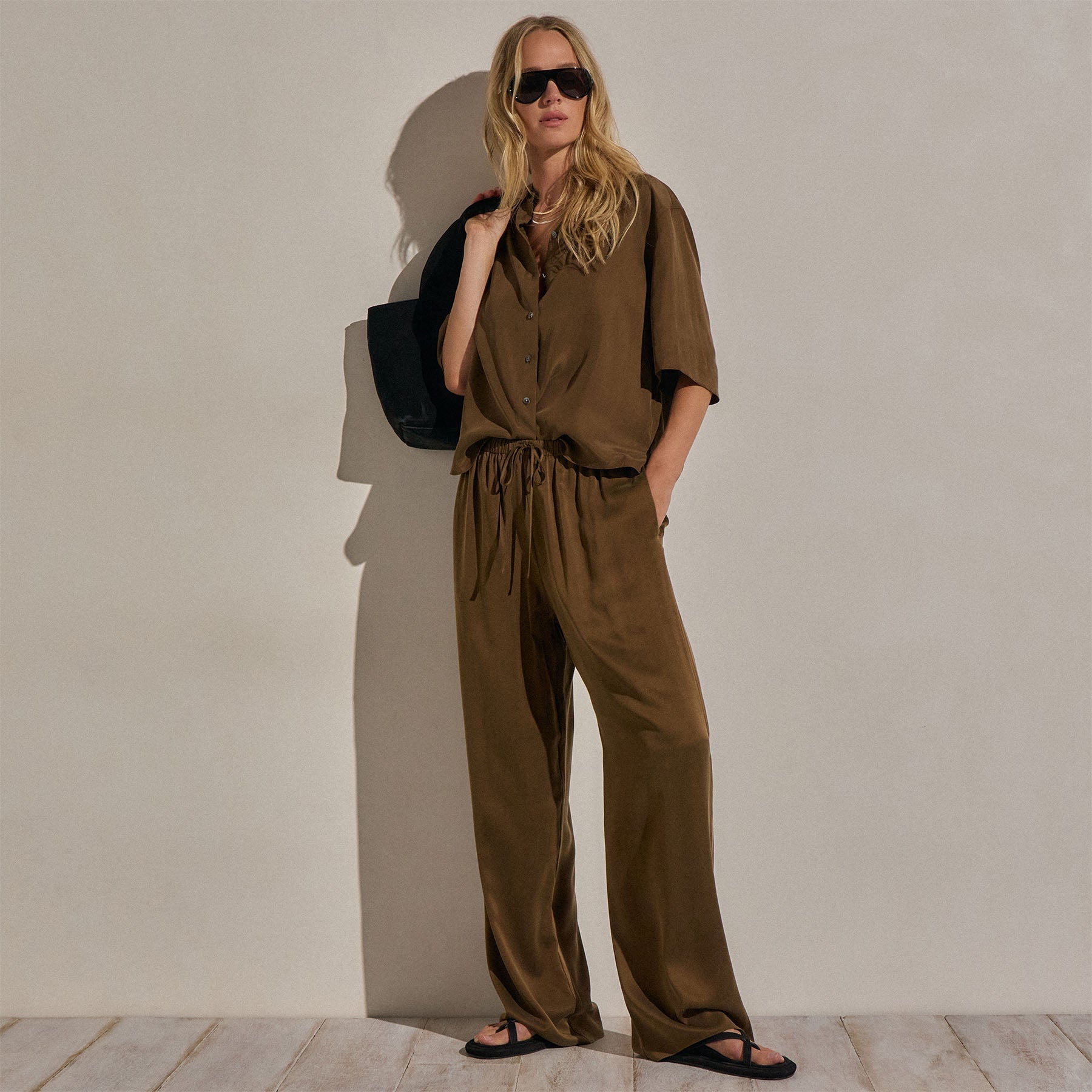 Silk Charmeuse Drawstring Pant - Cocoa