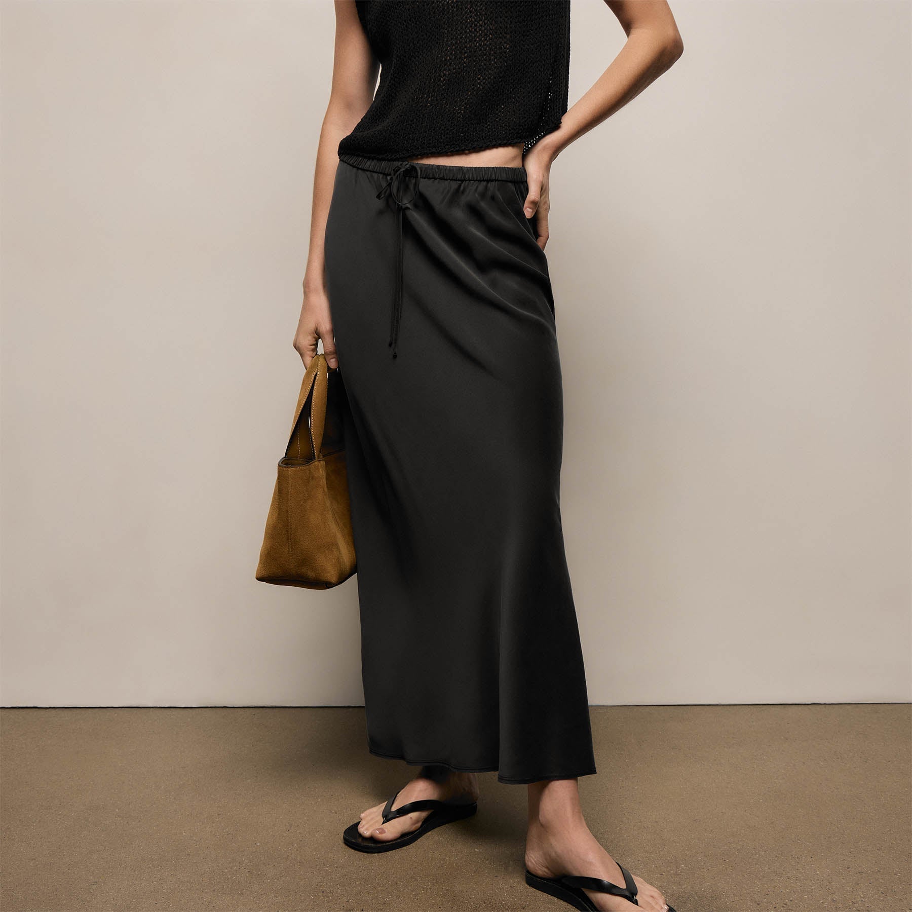 Silk Charmeuse Drawstring Skirt - Black