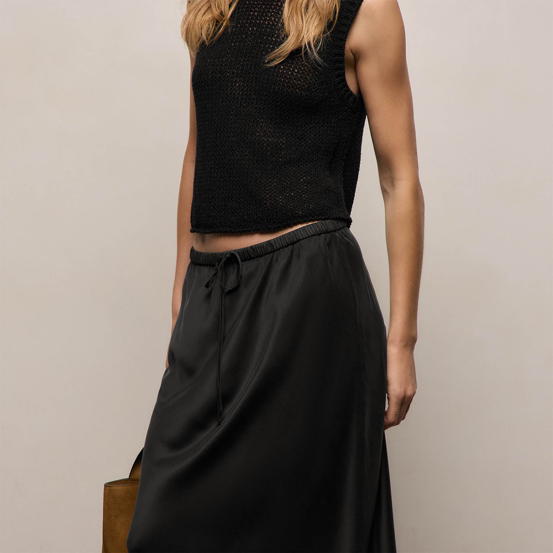 Silk Charmeuse Drawstring Skirt - Black