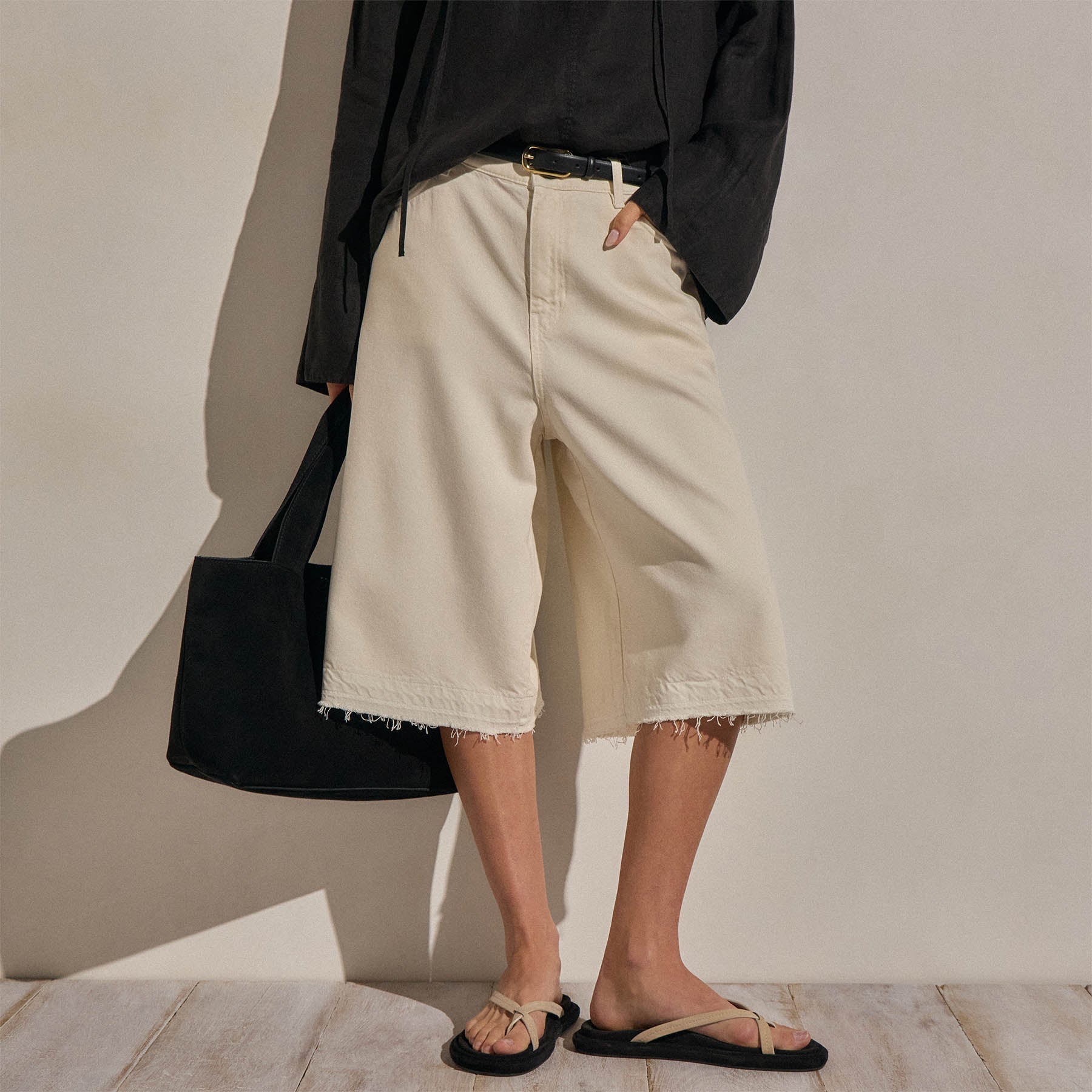 Denim Wide Leg Bermuda Short - Ecru